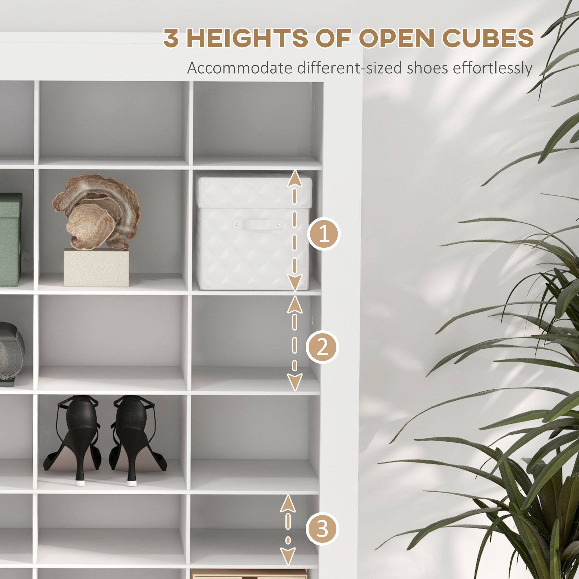 3 HEIGHTS OF OPEN CUBES  
Accommodate different-sized shoes effortlessly  

1  
2  
3