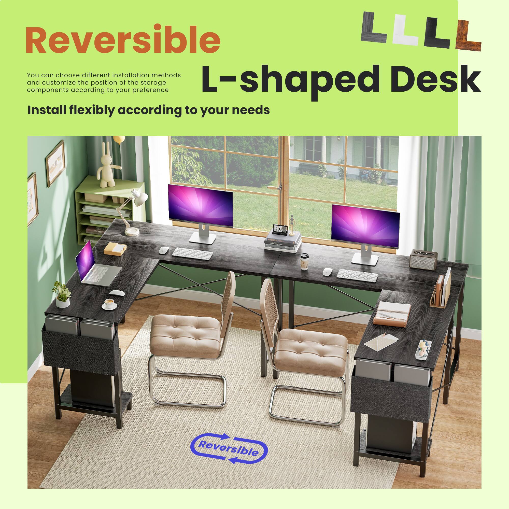 Reversible L-shaped Desk

You can choose different installation methods and customize the position of the storage components according to your preference

Install flexibly according to your needs
