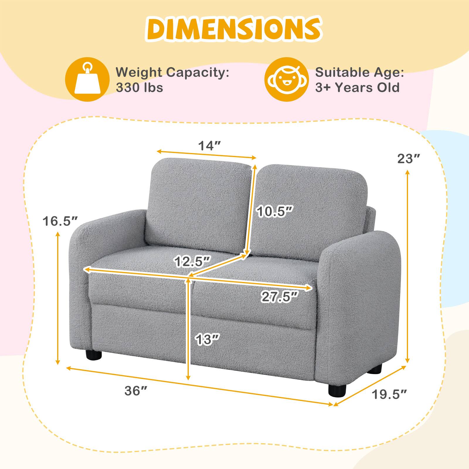 DIMENSIONS  
Weight Capacity: 330 lbs  
Suitable Age: 3+ Years Old  

14"  
23"  
16.5"  
10.5"  
12.5"  
27.5"  
13"  
36"  
19.5"