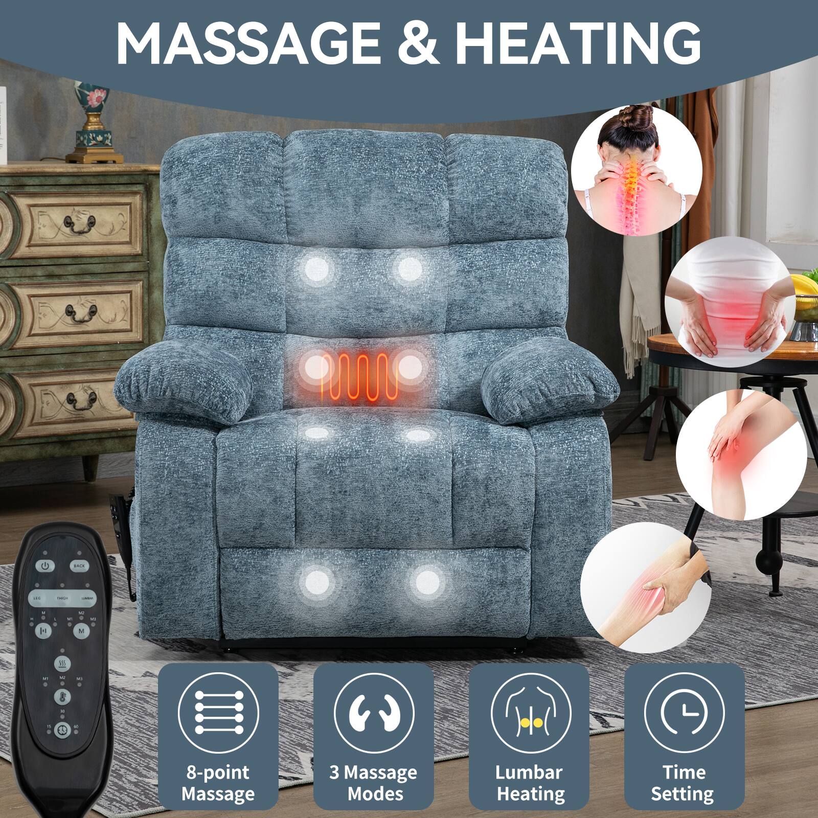 MASSAGE & HEATING

- 8-point Massage
- 3 Massage Modes
- Lumbar Heating
- Time Setting