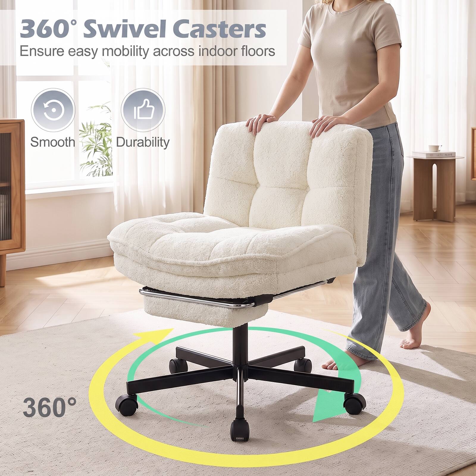 360° Swivel Casters  
Ensure easy mobility across indoor floors

Smooth  
Durability