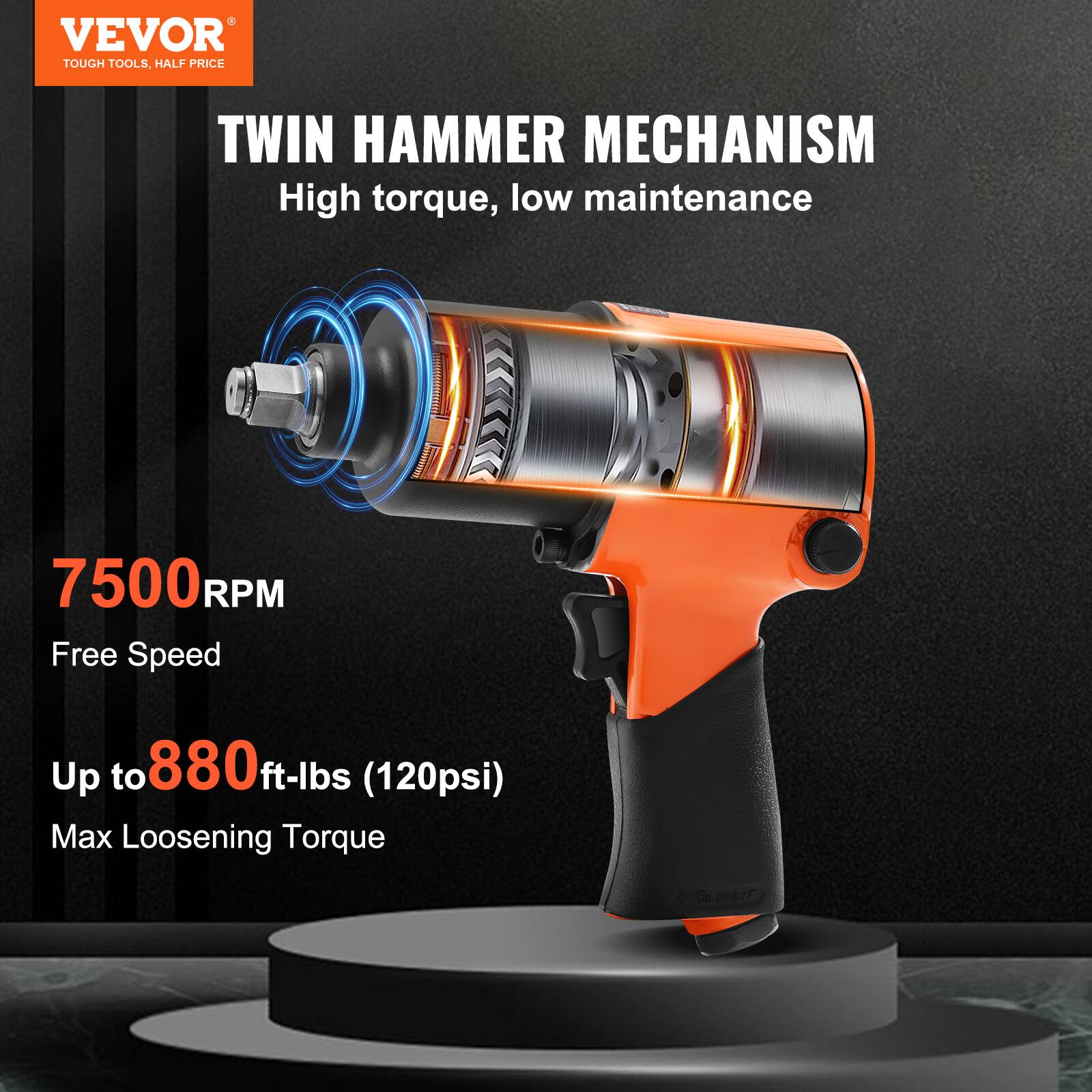 VEVOR  
TOUGH TOOLS, HALF PRICE  

TWIN HAMMER MECHANISM  
High torque, low maintenance  

7500 RPM  
Free Speed  

Up to 880 ft-lbs (120psi)  
Max Loosening Torque
