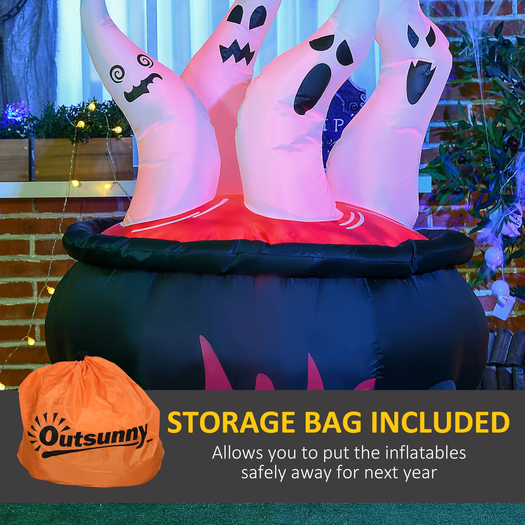 The text in the image can be grouped and corrected as follows:

"STORAGE BAG INCLUDED
Allows you to put the inflatable safely away for next year."

This text is associated with the product, which is an inflatable pumpkin-shaped item.
