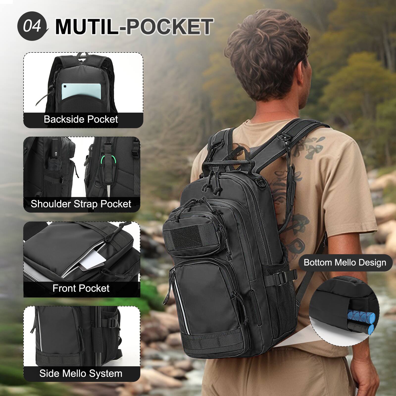 04 MUTIL-POCKET

- Backside Pocket
- Shoulder Strap Pocket
- Front Pocket
- Side Mello System
- Bottom Mello Design
