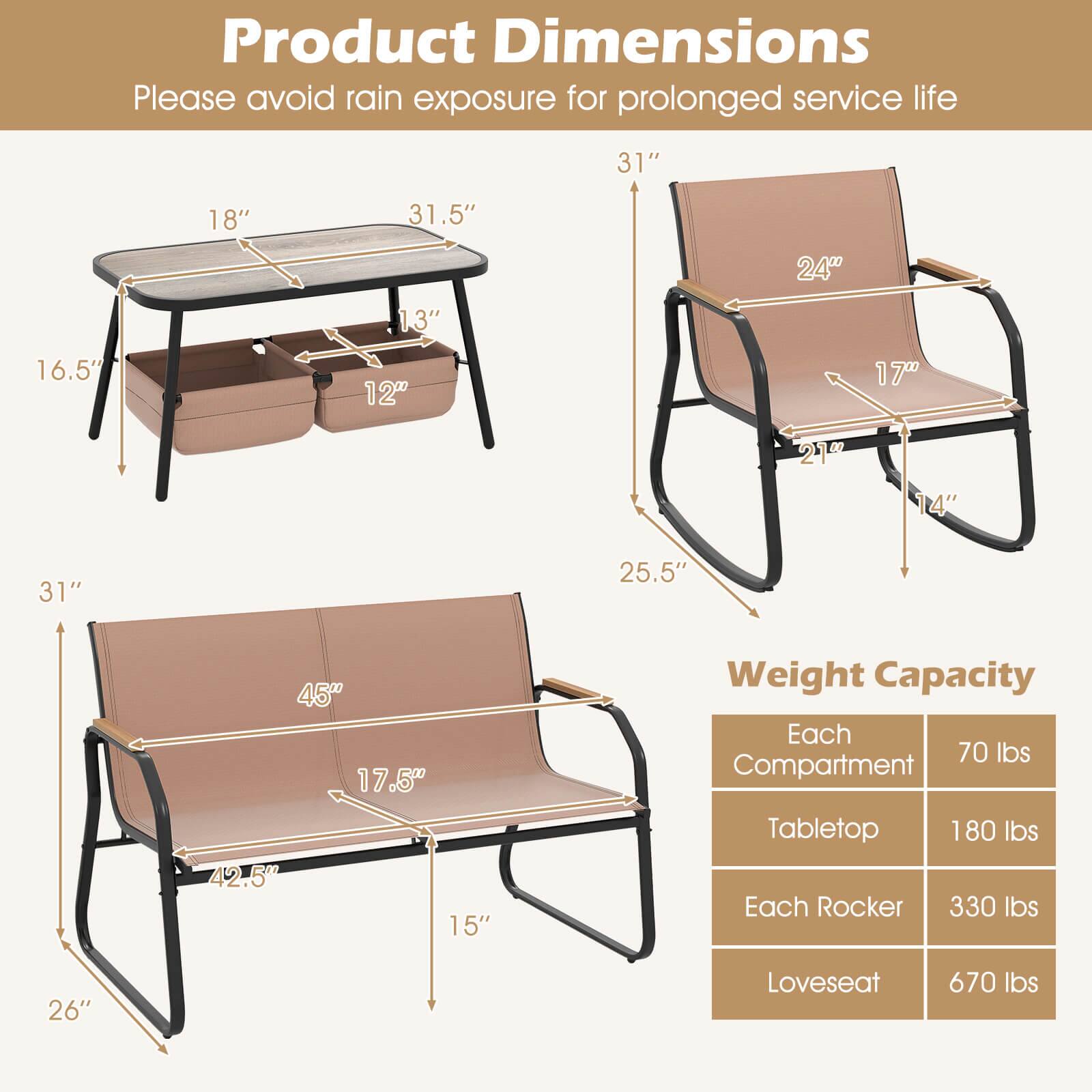 **Product Dimensions**

Please avoid rain exposure for prolonged service life

- Tabletop: 31" x 18" x 13"
- Compartments: 12" x 16.5"
- Loveseat: 31" x 25.5" x 45"
- Rocker: 24" x 17" x 21.5"

**Weight Capacity**

- Each Compartment: 70 lbs
- Tabletop: 180 lbs
- Each Rocker: 330 lbs
- Loveseat: 670 lbs