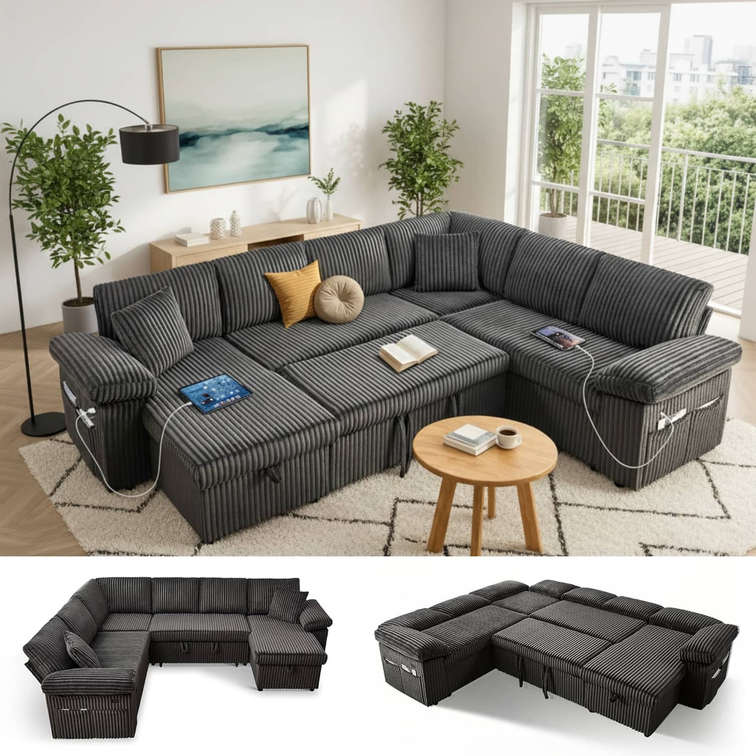 Tiramisubest - 108" Modular Sectional Sofa, Sectional Couch with Pull Out Couch Bed for Living Room (Dark Grey) - Dark Gray