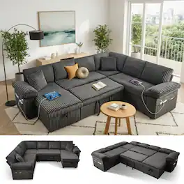 Tiramisubest - 108" Modular Sectional Sofa, Sectional Couch with Pull Out Couch Bed for Living Room (Dark Grey) - Dark Gray