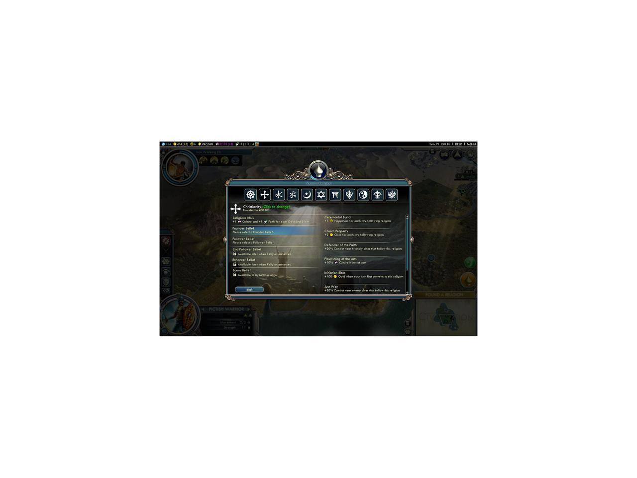 N. 2000 aIN - E SL a MEA + Christianity Ca. dhenpe faucus - B PE aliginua - F L Se A cod Seppia - Selloning pu no Bela Fwos fesul F Belt -ms - Mallova Solal Tme Patawa Beliet Faliqu Ehonca Sanat - Flr - faier - o faan - a tulcae - fand - Pats apn Ao ~ 3 Seloo -ig n af d A - 100 i - 100% aobd - ng PICTISN 13

---

Christianity
- Founded in 2000 BC
- Religion is led by God and Jesus Christ
- Founder: Jesus Christ
- Followers: Believers
- Church Property: +1 Faith for each city following this religion
- Defender of the Faith: +20% Conquest of foreign cities that follow this religion
- Second Founder: +1 Faith for each city following this religion
- Church Property: +1 Faith for each city following this religion
- Defender of the Faith: +20% Conquest of foreign cities that follow this religion
- Enh