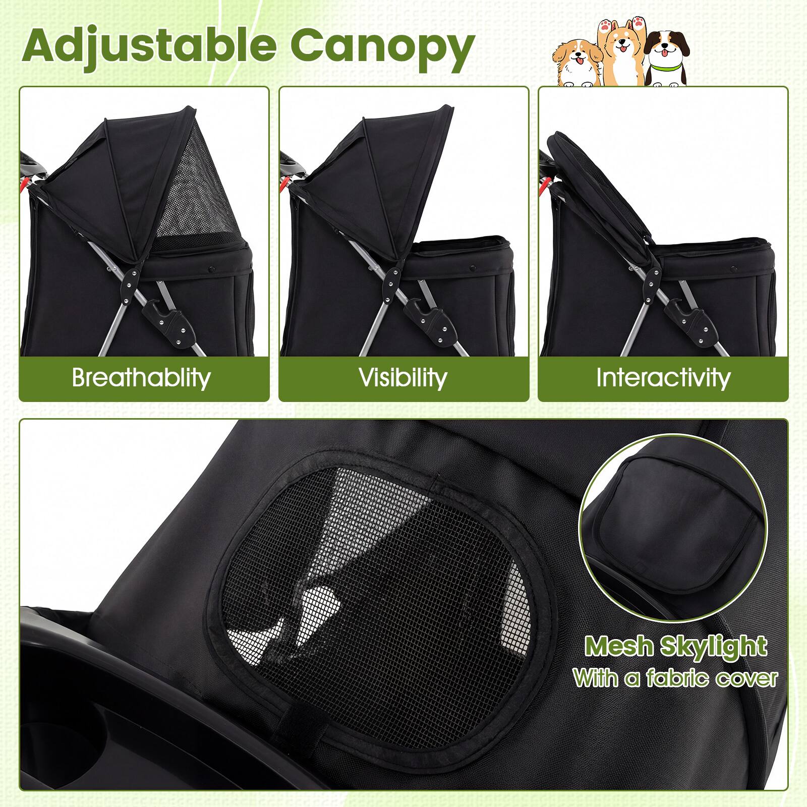 Adjustable Canopy

- Breathability
- Visibility
- Interactivity

Mesh Skylight With a fabric cover