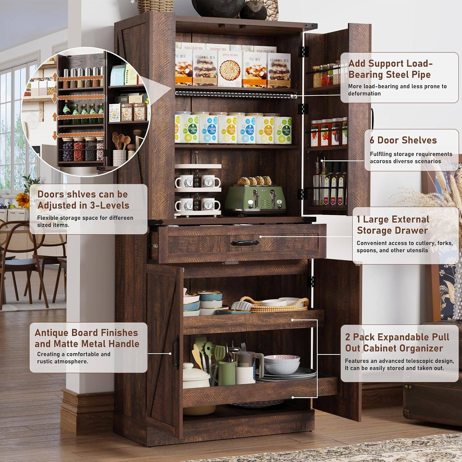 - Add Support Load-Bearing Steel Pipe
  - More load-bearing and less prone to deformation

- 6 Door Shelves
  - Fulfilling storage requirements across diverse scenarios

- Doors shelves can be Adjusted in 3-Levels
  - Flexible storage space for different sized items

- 1 Large External Storage Drawer
  - Convenient access to cutlery, forks, spoons, and other utensils

- Antique Board Finishes and Matte Metal Handle
  - Creating a comfortable and rustic atmosphere

- 2 Pack Expandable Pull Out Cabinet Organizer
  - Features an advanced telescopic design, it can be easily stored and taken out
