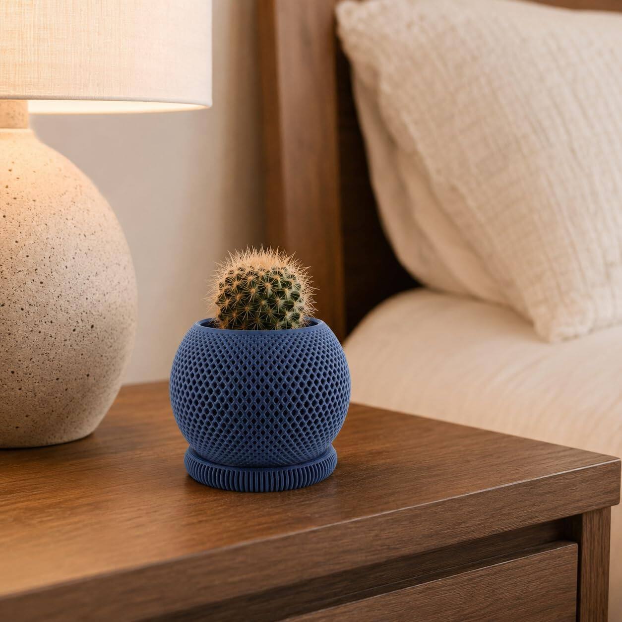 Back. JuzToys - 3D Printed Dusk Planter with Drip Tray, Small Indoor Plant Pot w/Saucer, Modern Geometric Desk Shelf Décor by PowerTRC - Blue.