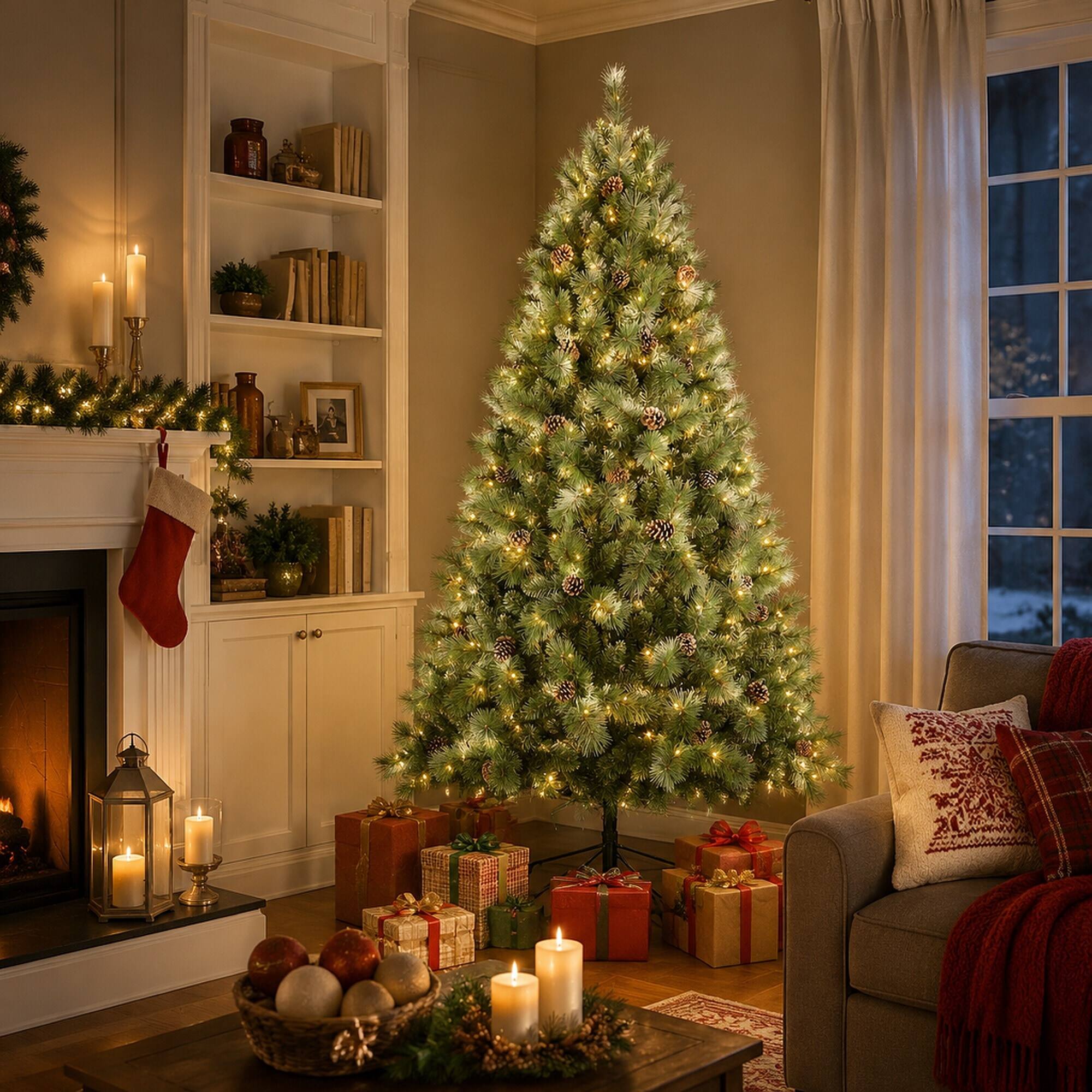 Left. RYHNUYNE - 8FT Pre-Lit Christmas Tree, 550 Warm White LED Lights 1858 PVC Hard Needle Tips 102 Pine Cones Hinged Branch Metal Stand - Green.
