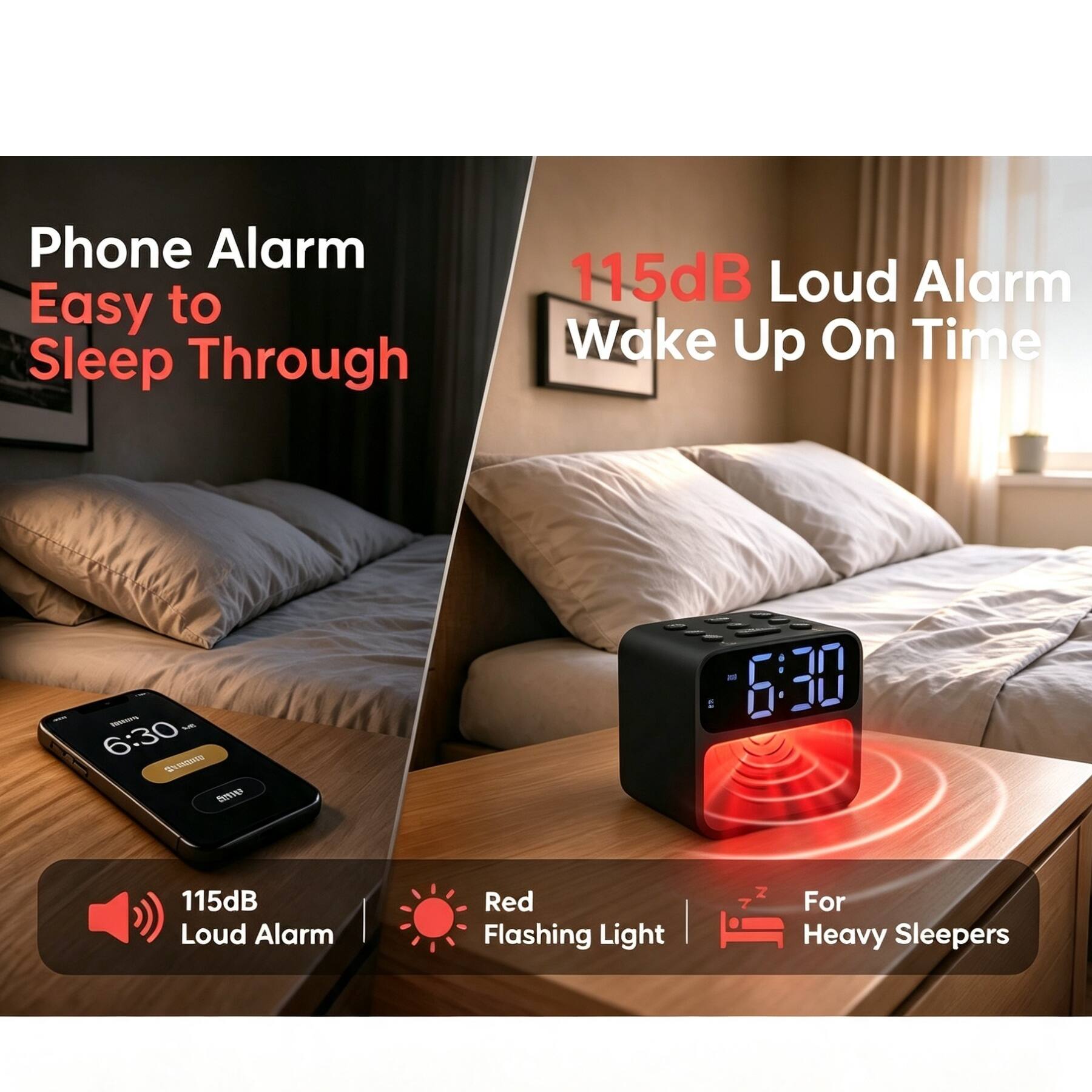 Phone Alarm Easy to Sleep Through

115dB Loud Alarm Wake Up On Time

115dB Loud Alarm Red Flashing Light

For Heavy Sleepers
