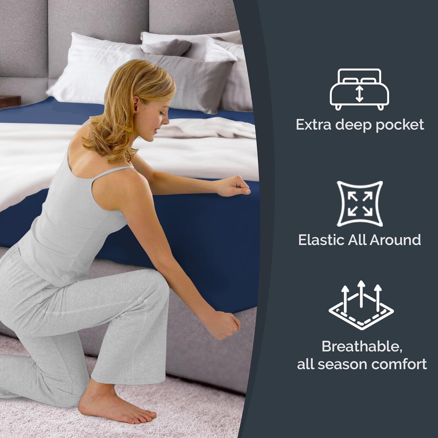 1. Extra deep pocket  
2. Elastic All Around  
3. Breathable, all season comfort