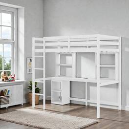 Hivvago - Functional Twin Loft Bed with Work Desk and LED Feature, Box Spring Not Required - White