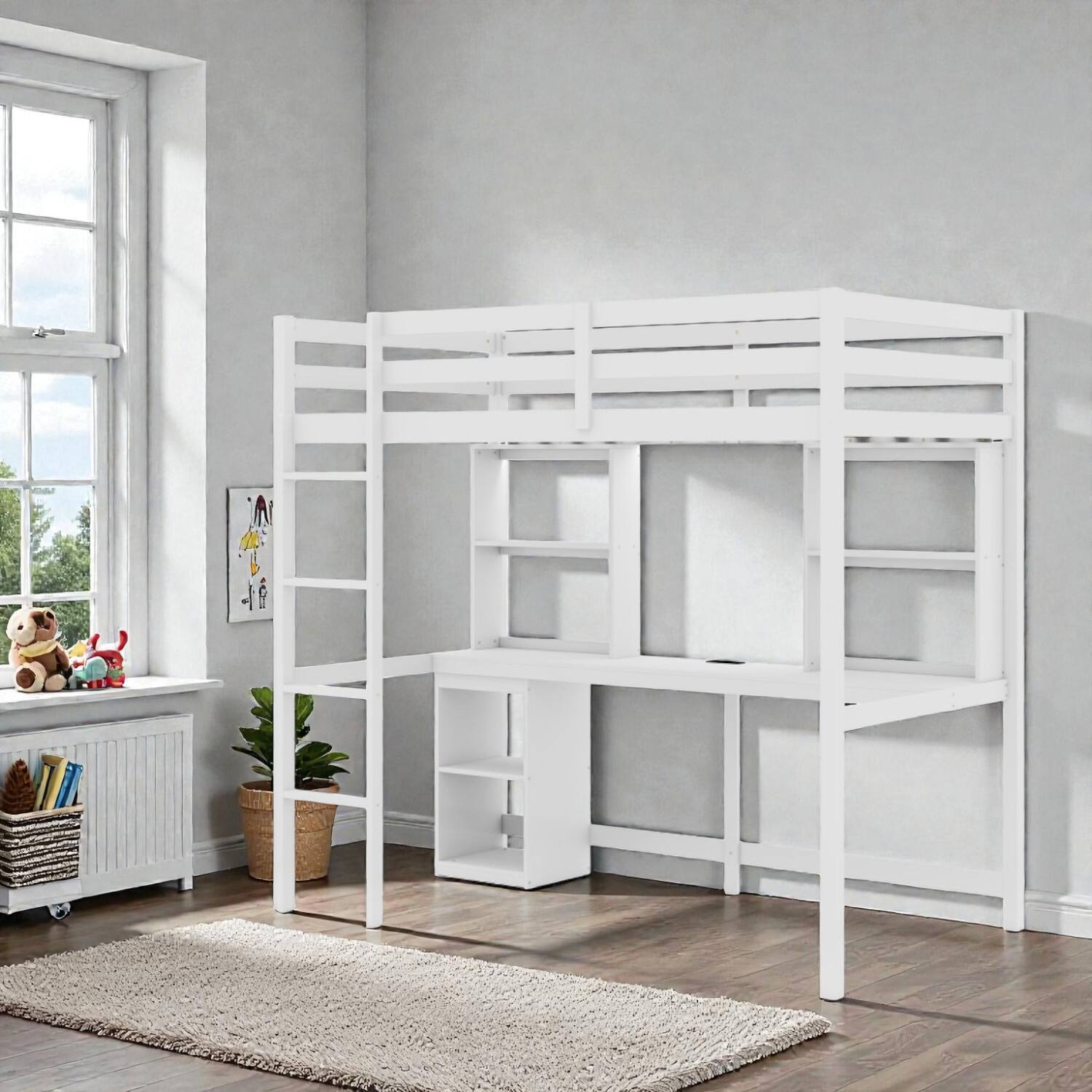 Front. Hivvago - Functional Twin Loft Bed with Work Desk and LED Feature, Box Spring Not Required - White.