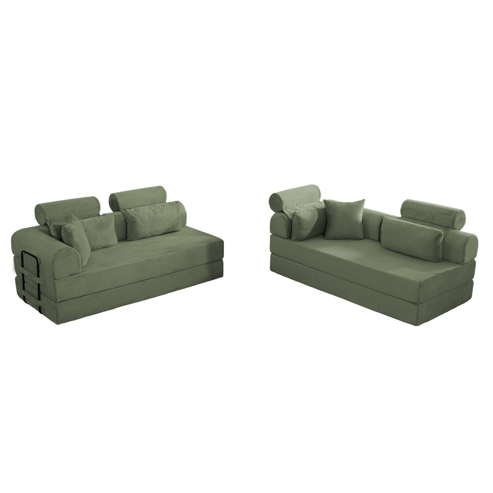 Alt View 2. Anysun - L-Shape Corduroy Modular Sectional Sofa - Minimalist Compressed Design, Unfolds into Bed, Space-Efficient - Grayish Green.