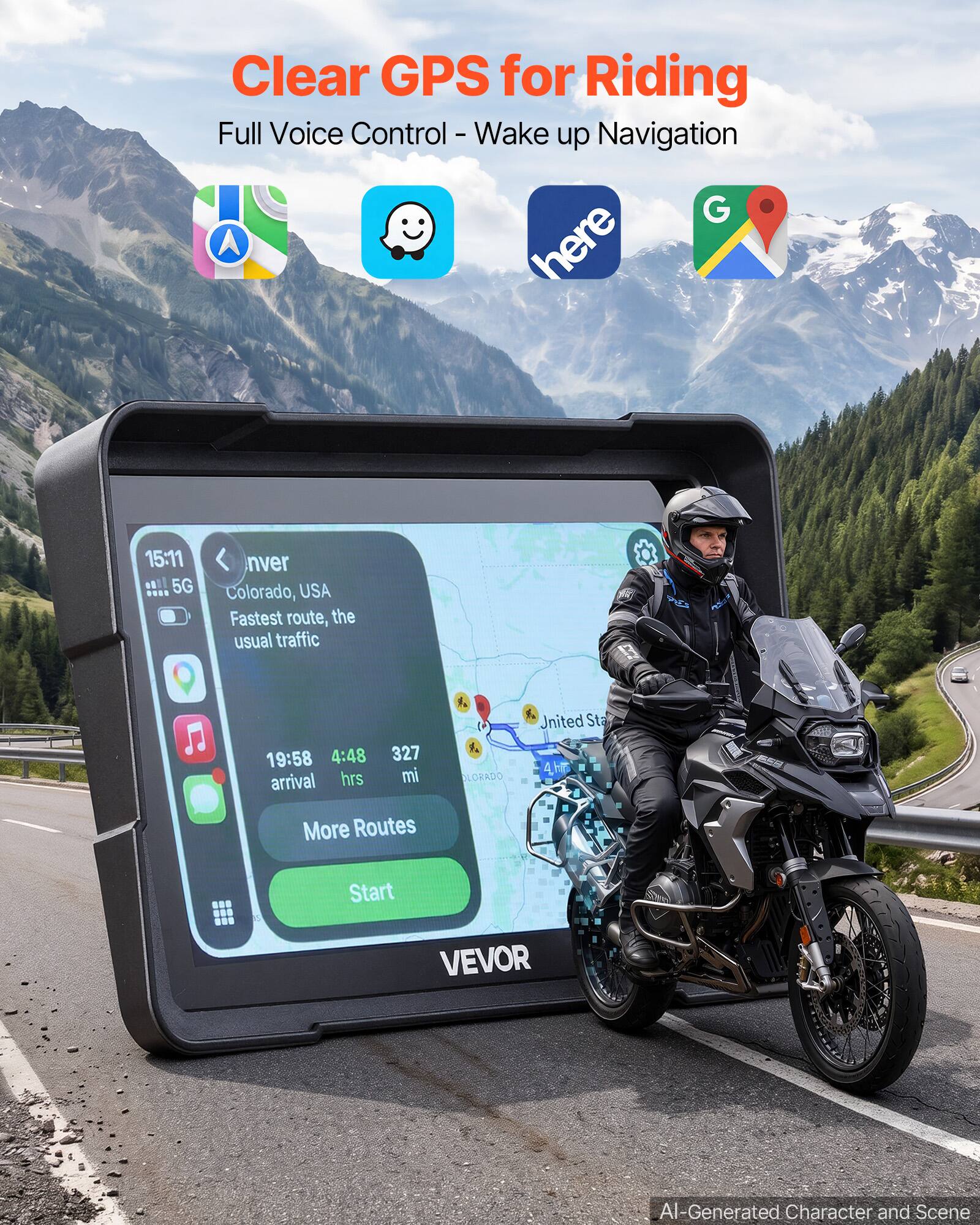 Clear GPS for Riding  
Full Voice Control - Wake up Navigation  

15:11  
5G  

Denver, Colorado, USA  
Fastest route, the usual traffic  

19:58  
4:48  
327 mi  
arrival  

More Routes  
Start  

OLORADO  
United Sta  
VEVOR  

AI-Generated Character and Scene