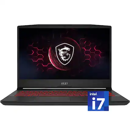 The text on the image is:
- "MSI" (on the laptop)
- "intel i7" (on the sticker)