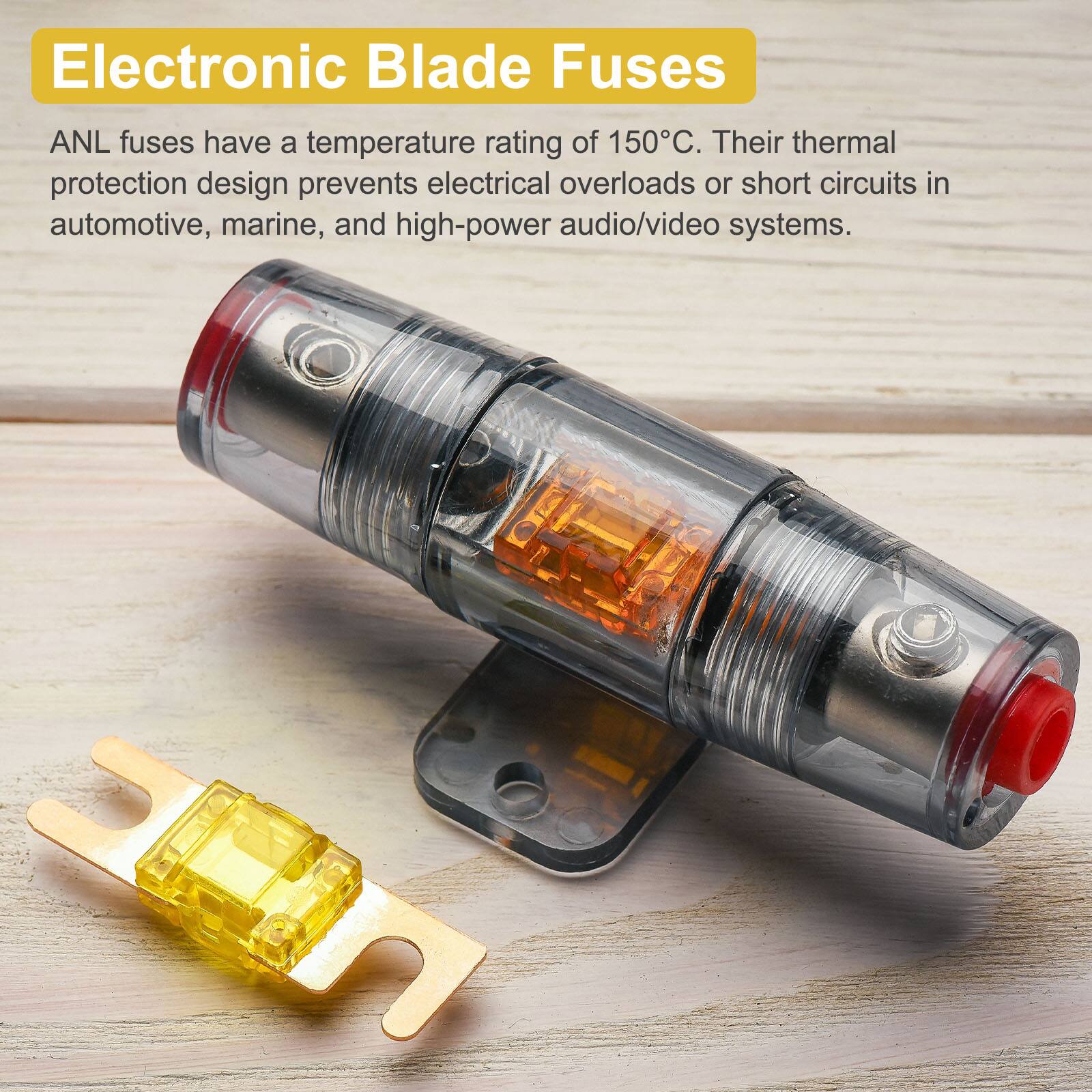 Electronic Blade Fuses

ANL fuses have a temperature rating of 150°C. Their thermal protection design prevents electrical overloads or short circuits in automotive, marine, and high-power audio/video systems.