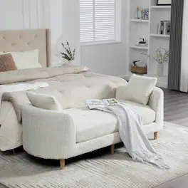 Ropilly - End of Bed Bench, 77 Inch Modern Upholstered Chaise Lounge Couch with Armrests and Rubberwood Legs - Beige