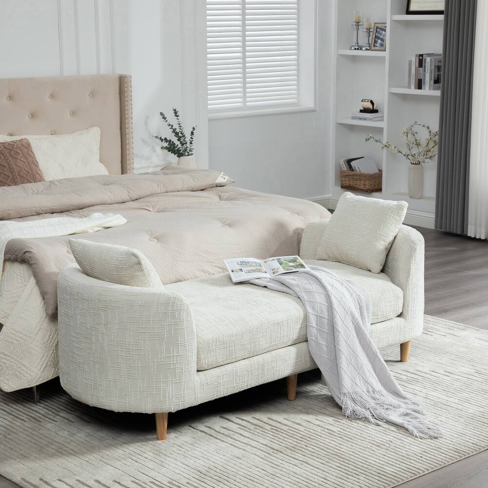 Front. Ropilly - Ropilly End of Bed Bench, 77 Inch Modern Upholstered Chaise Lounge Couch with Armrests and Rubberwood Legs, Beige - Beige.