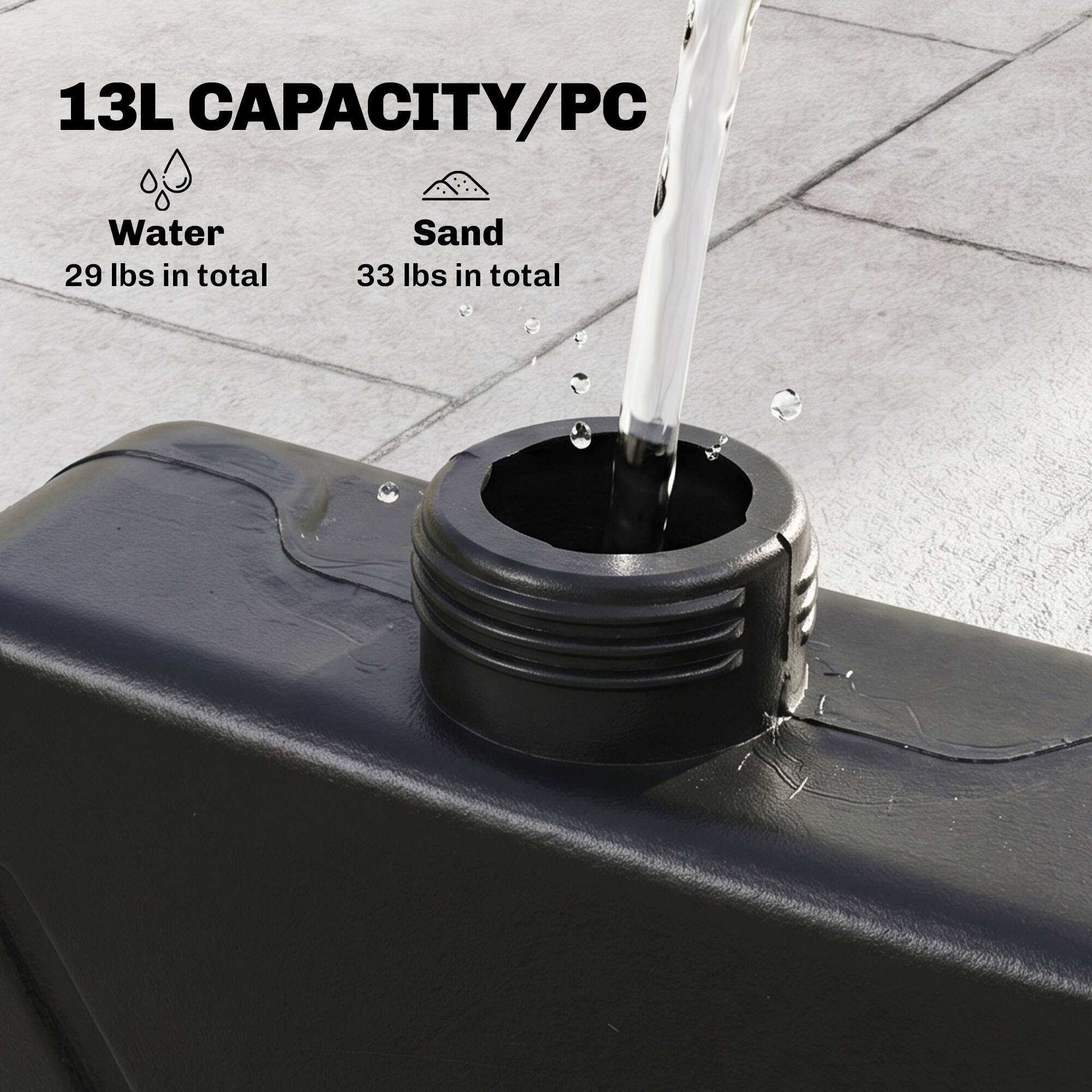 13L CAPACITY/PC

Water
29 lbs in total

Sand
33 lbs in total