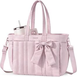 mosiso - Puffer Tote Bag for Women 17-17.3 inch Laptop Bag with Cup Holder Lightweight Shoulder Bag for Travel Work School Gym - Pink