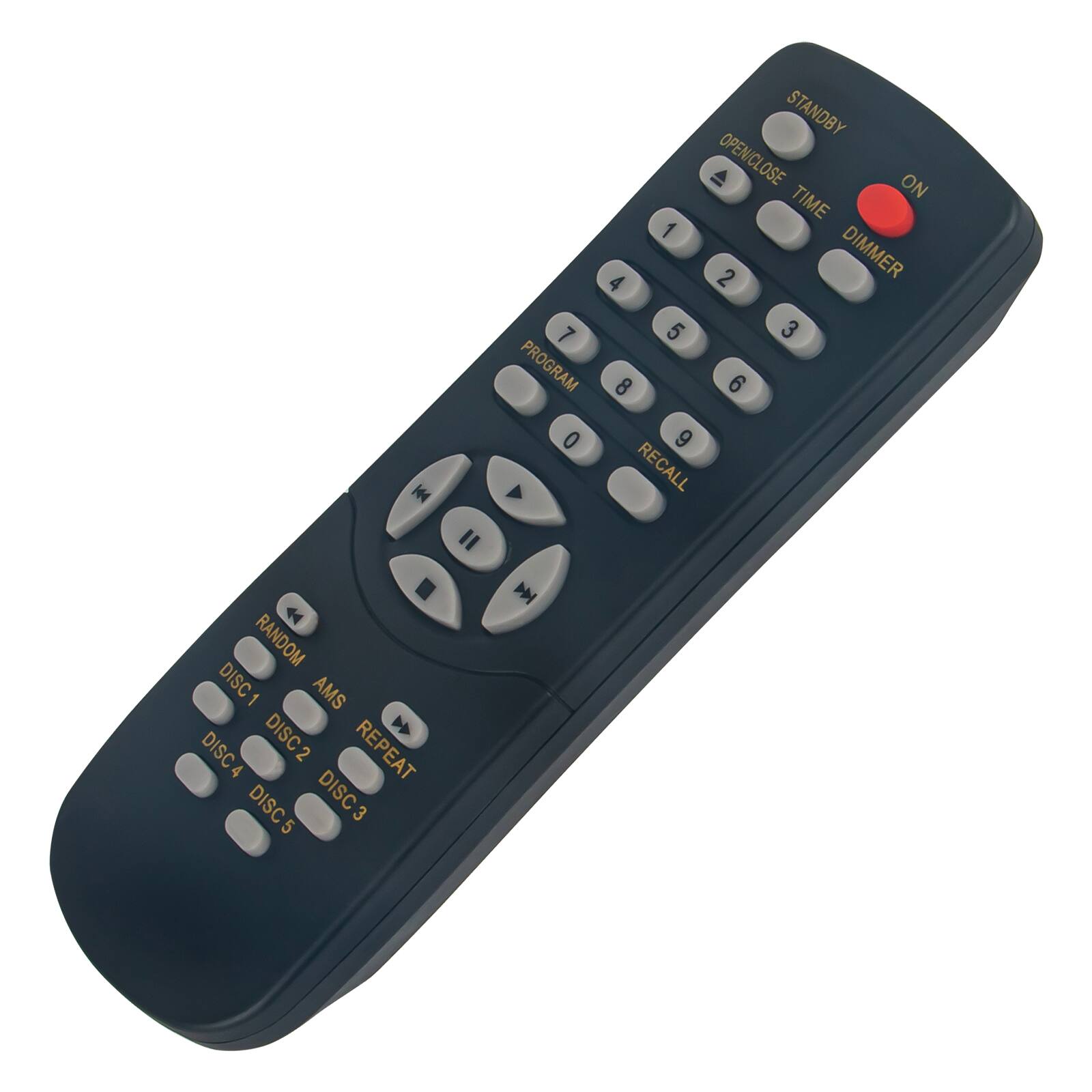 - STANDBY
- OPEN/CLOSE
- TIME
- DIMMER
- ON
- 1
- 2
- 3
- 4
- 5
- 6
- 7
- 8
- 9
- 0
- PROGRAM
- RECALL
- RANDOM
- DISC 1
- DISC 2
- DISC 3
- DISC 4
- DISC 5
- AM/FM
- REPEAT