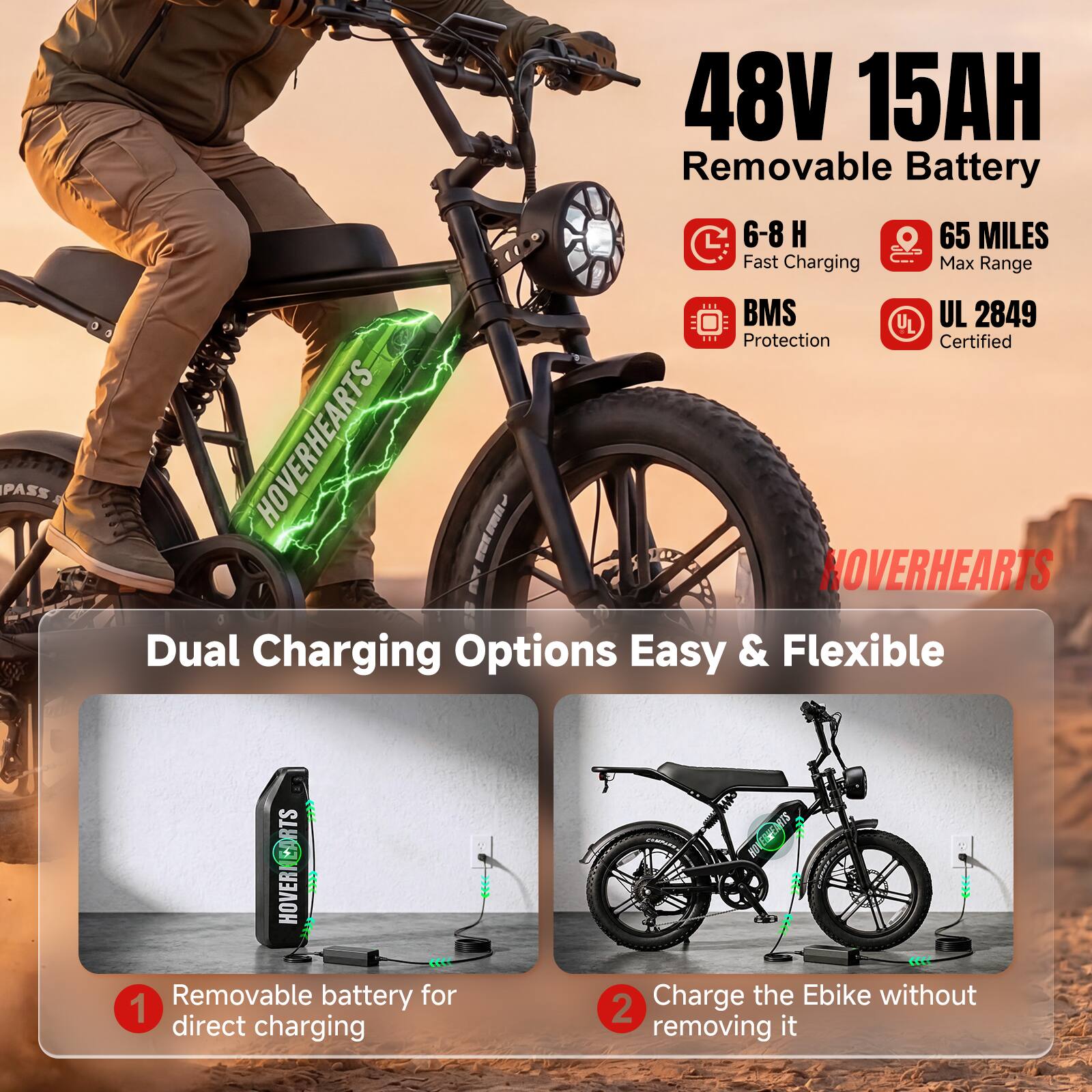 48V 15AH Removable Battery

- 6-8 H Fast Charging
- 65 MILES Max Range
- BMS Protection
- UL 2849 Certified

Dual Charging Options Easy & Flexible

1. Removable battery for direct charging
2. Charge the E-bike without removing it