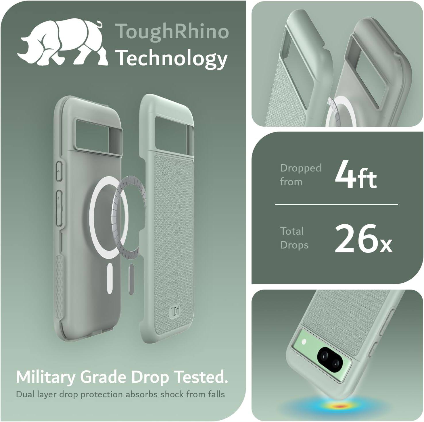 ToughRhino Technology

Military Grade Drop Tested.
Dual layer drop protection absorbs shock from falls.

Dropped from 4ft
Total Drops 26x