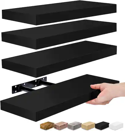 Front. Sorbus - 4 Pack 16 Inch Sorbus Floating Shelves - for Bedroom, Kitchen, Living Room, Office - for Trophies, Books, Frames, etc - Black.