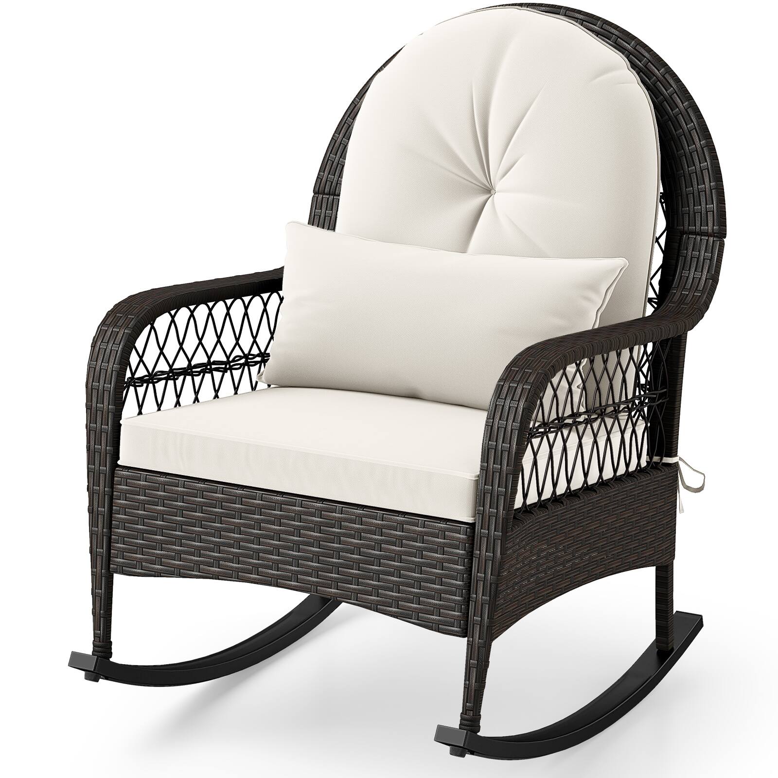 Alt View 9. Gymax - Gymax Patio Wicker Rocking Chair w/ White Seat Cushions & Lumbar Pillow Porch - White.