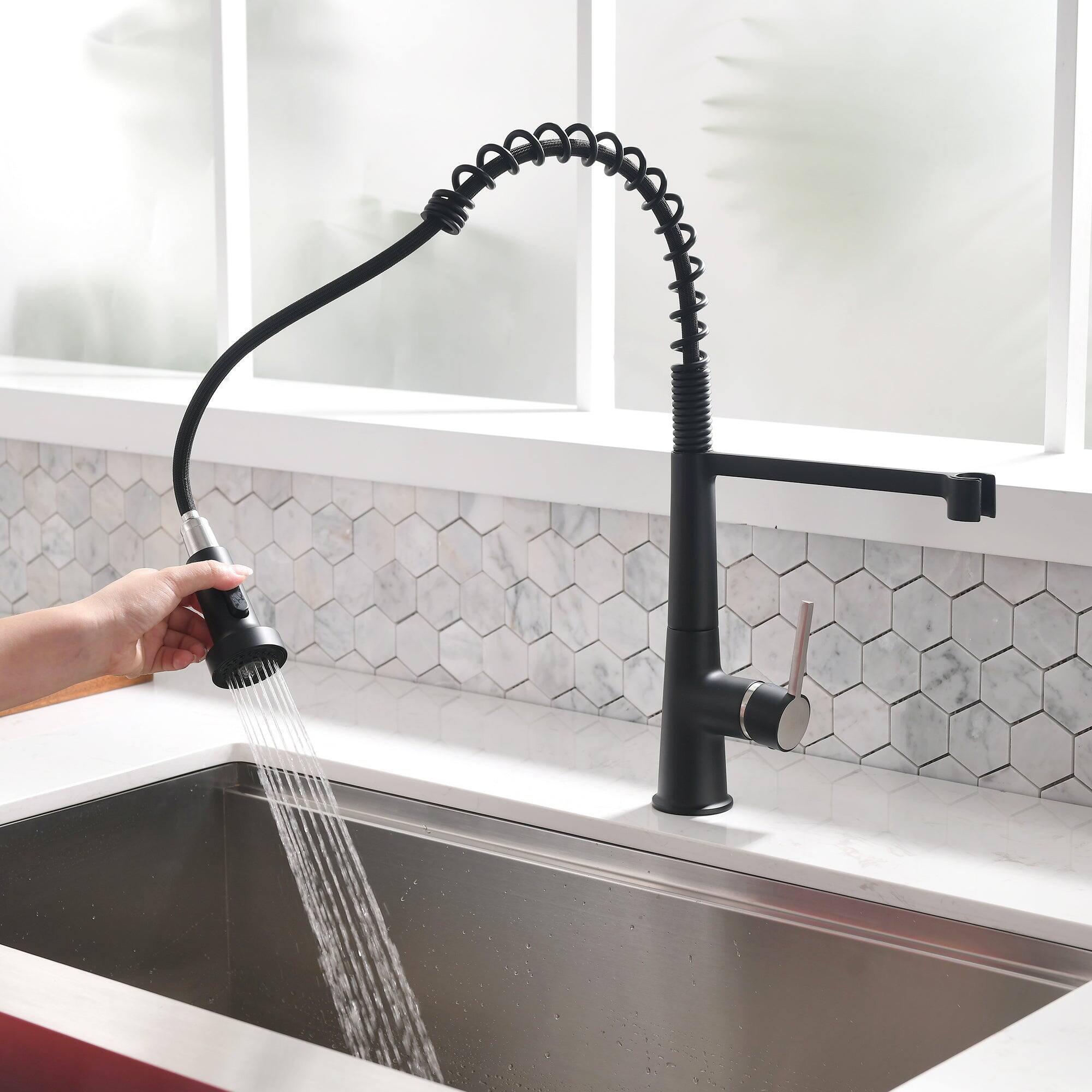 Alt View 5. Boyel Living - Matte Black 2 Spray Patterns 1.8 GPM Single Handle No Sensor Pull Down Sprayer Kitchen Faucet - Matte Black.