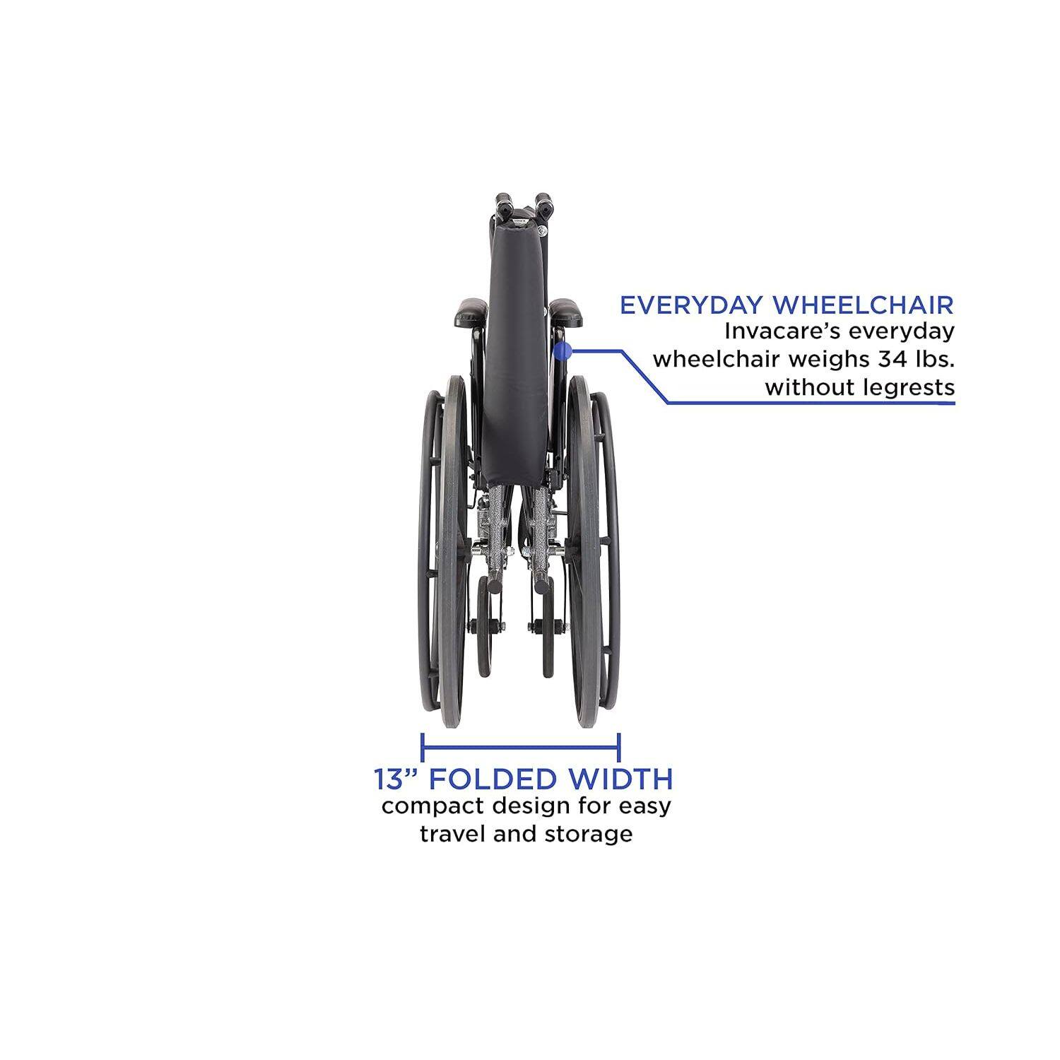EVERYDAY WHEELCHAIR  
Invacare's everyday wheelchair weighs 34 lbs. without legrests  

13" FOLDED WIDTH  
compact design for easy travel and storage