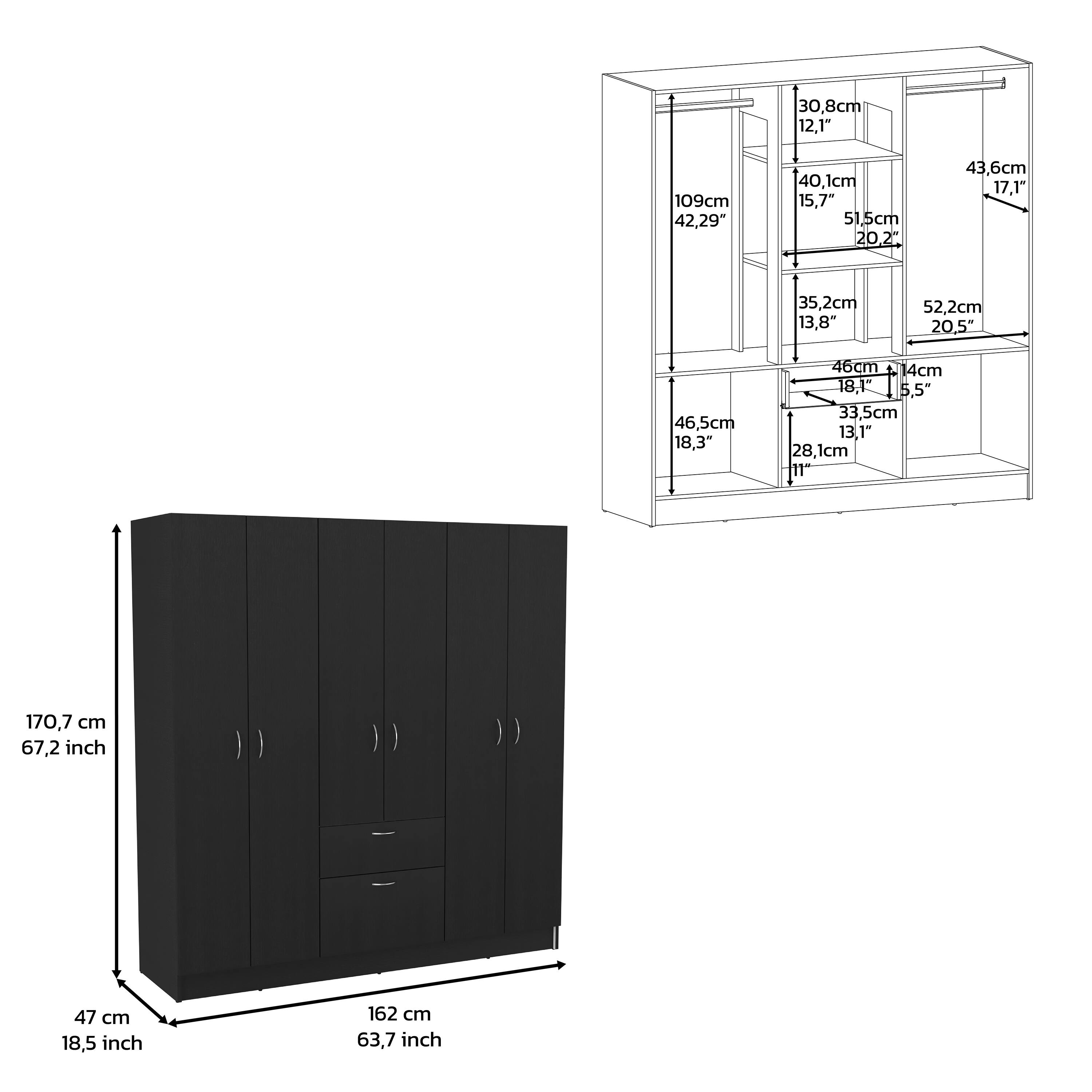 Sure, here is the corrected and grouped text from the image:

- **Height:** 170.7 cm (67.2 inch)
- **Width:** 162 cm (63.7 inch)
- **Depth:** 47 cm (18.5 inch)

- **Top Shelf:**
  - **Height:** 30.8 cm (12.1 inch)
  - **Width:** 109 cm (42.9 inch)
  - **Depth:** 43.6 cm (17.1 inch)

- **Second Shelf:**
  - **Height:** 40.1 cm (15.7 inch)
  - **Width:** 51.5 cm (20.2 inch)

- **Third Shelf:**
  - **Height:** 35.2 cm (13.8 inch)
  - **Width:** 52.2 cm (20.5 inch)

- **Bottom Shelf:**
  - **Height:** 46 cm (18.3 inch)
  - **Width:** 46 cm (18.3 inch)
  - **Depth:** 14 cm (5.5