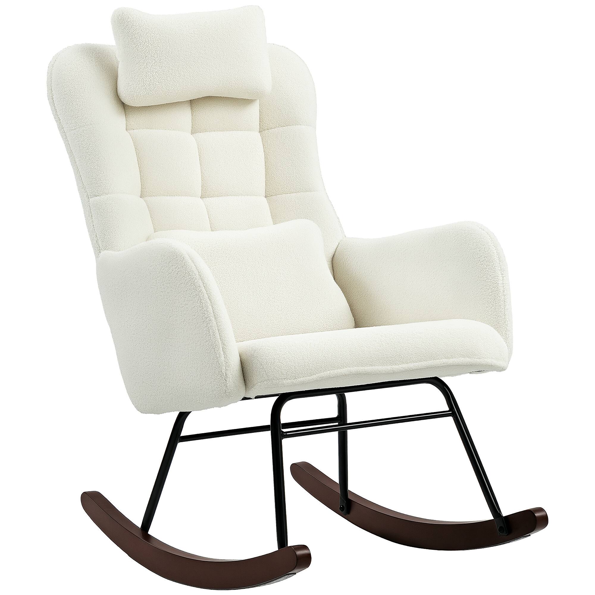 Front. Homcom - Upholstered Rocking Chair with Headrest and Lumber Pillow, Teddy Fleece Modern Rocker Chair with High Back, Steel Frame - Cream White.