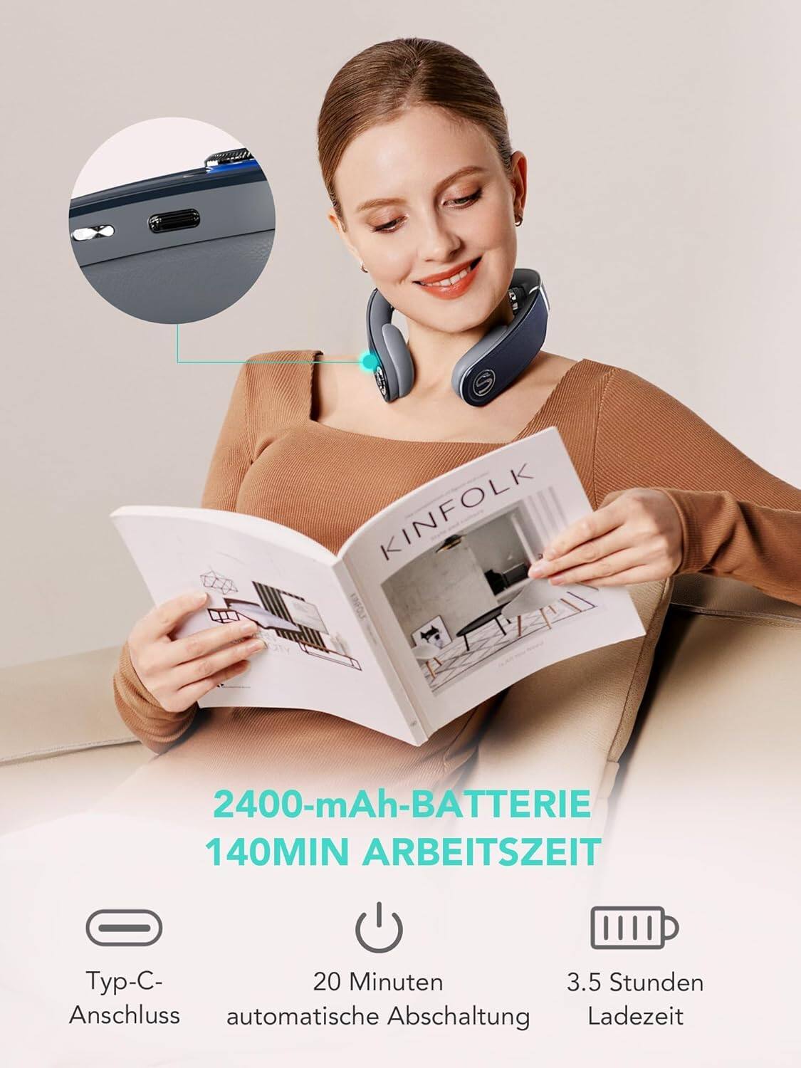KINFOLK  
2400-mAh-BATTERIE  
140MIN ARBEITSZEIT  

Typ-C- Anschluss  
20 Minuten automatische Abschaltung  
3.5 Stunden Ladezeit