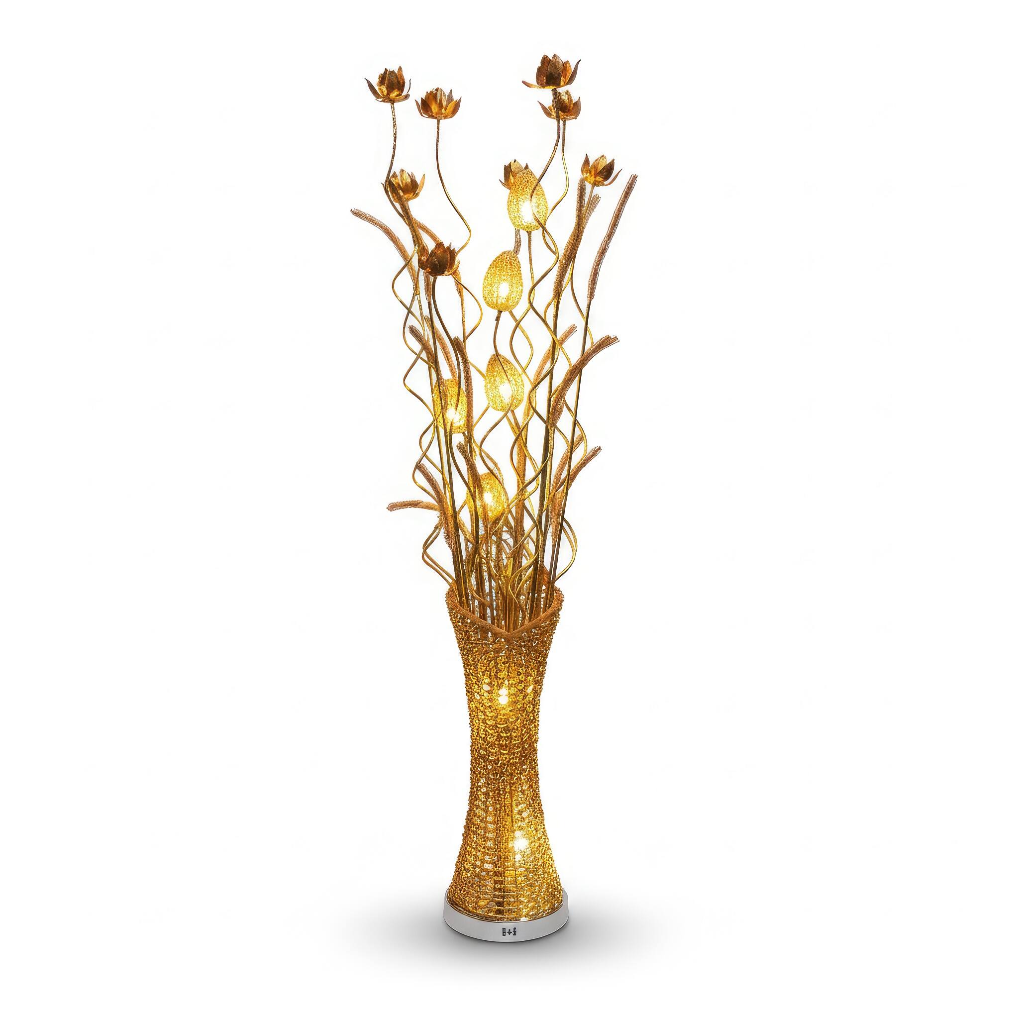 Angle. FC Design - 60"H Gold Textured Vase with Glowing Floral Stem LED Floor Lamp.