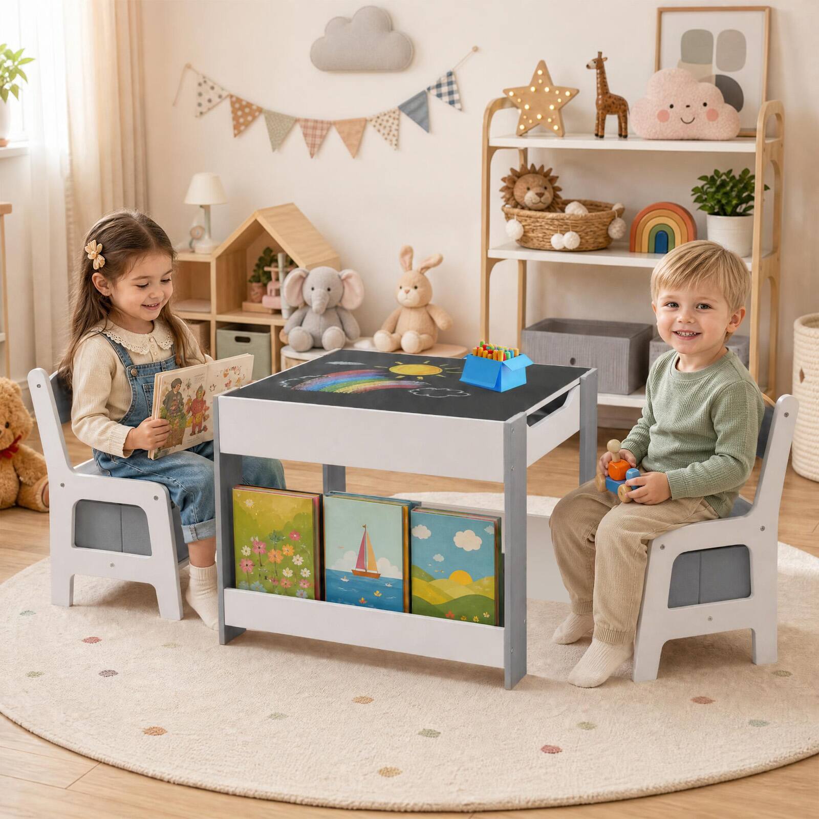 Alt View 3. Costway - Costway 4-in-1 Kids Table & Chair Set Toddler Wooden Activity Table with Side Bookshelves Gray - Gray.