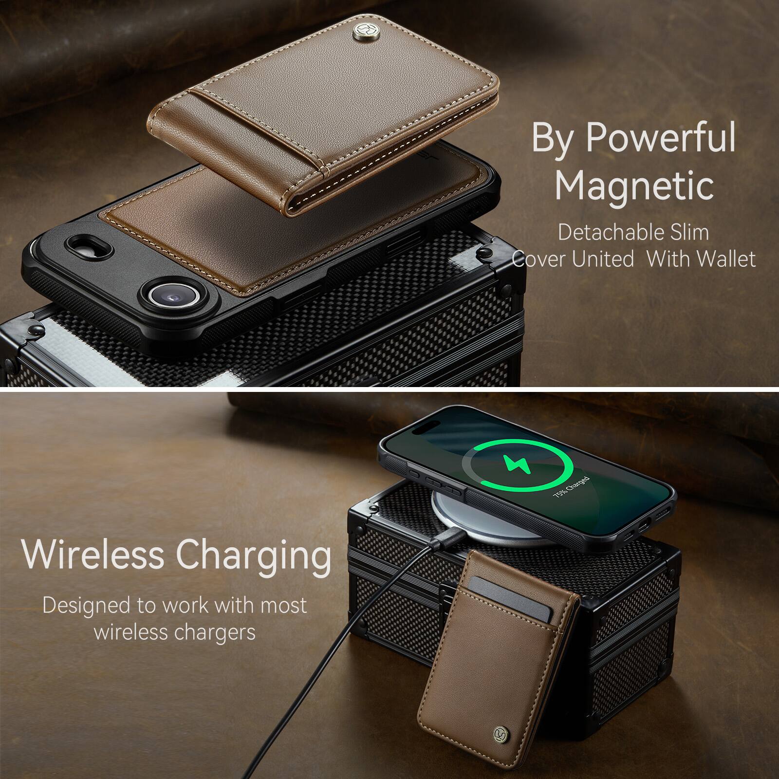 By Powerful Magnetic  
Detachable Slim Cover United With Wallet  

Wireless Charging  
Designed to work with most wireless chargers