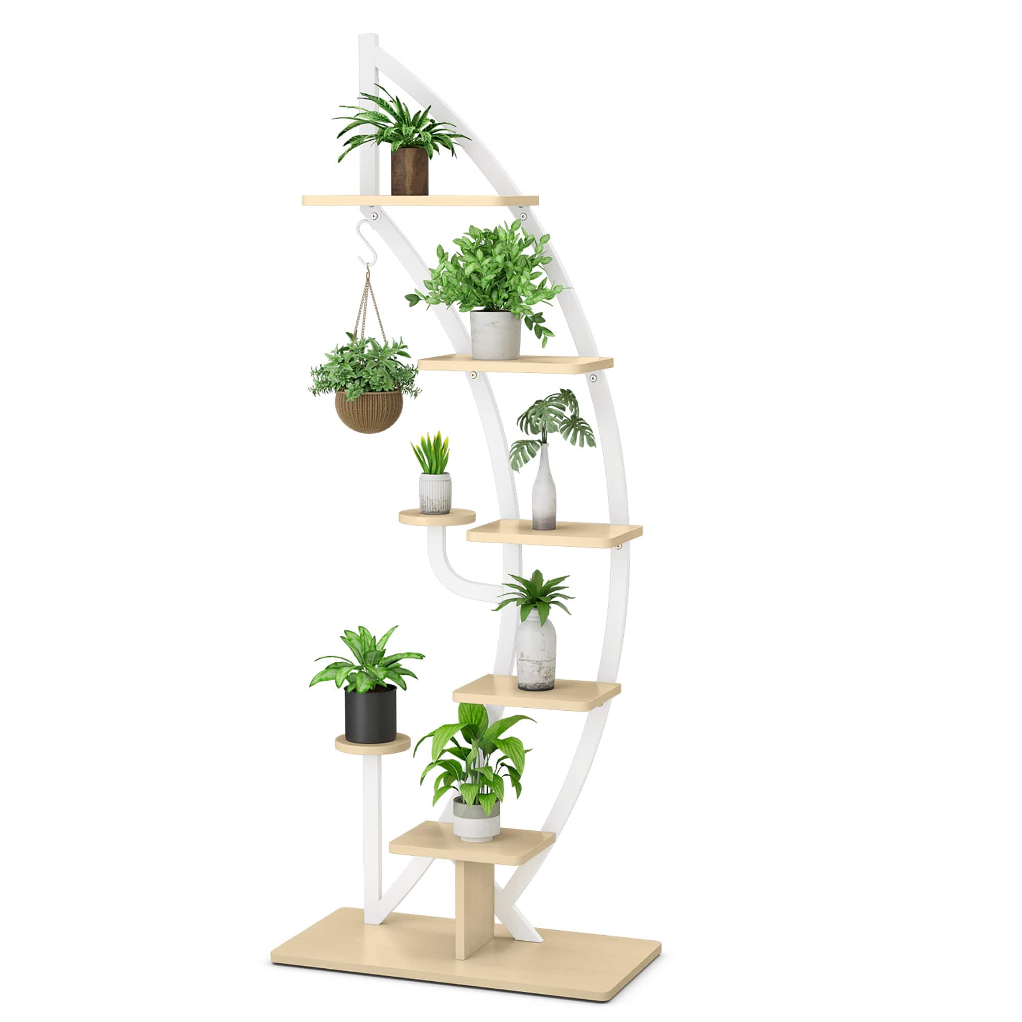 Costway - 6 Tier Potted Metal Plant Stand Rack Curved Stand Holder Display Shelf with Hook - Natural,White