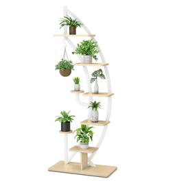 Costway - 6 Tier Potted Metal Plant Stand Rack Curved Stand Holder Display Shelf with Hook - Natural,White