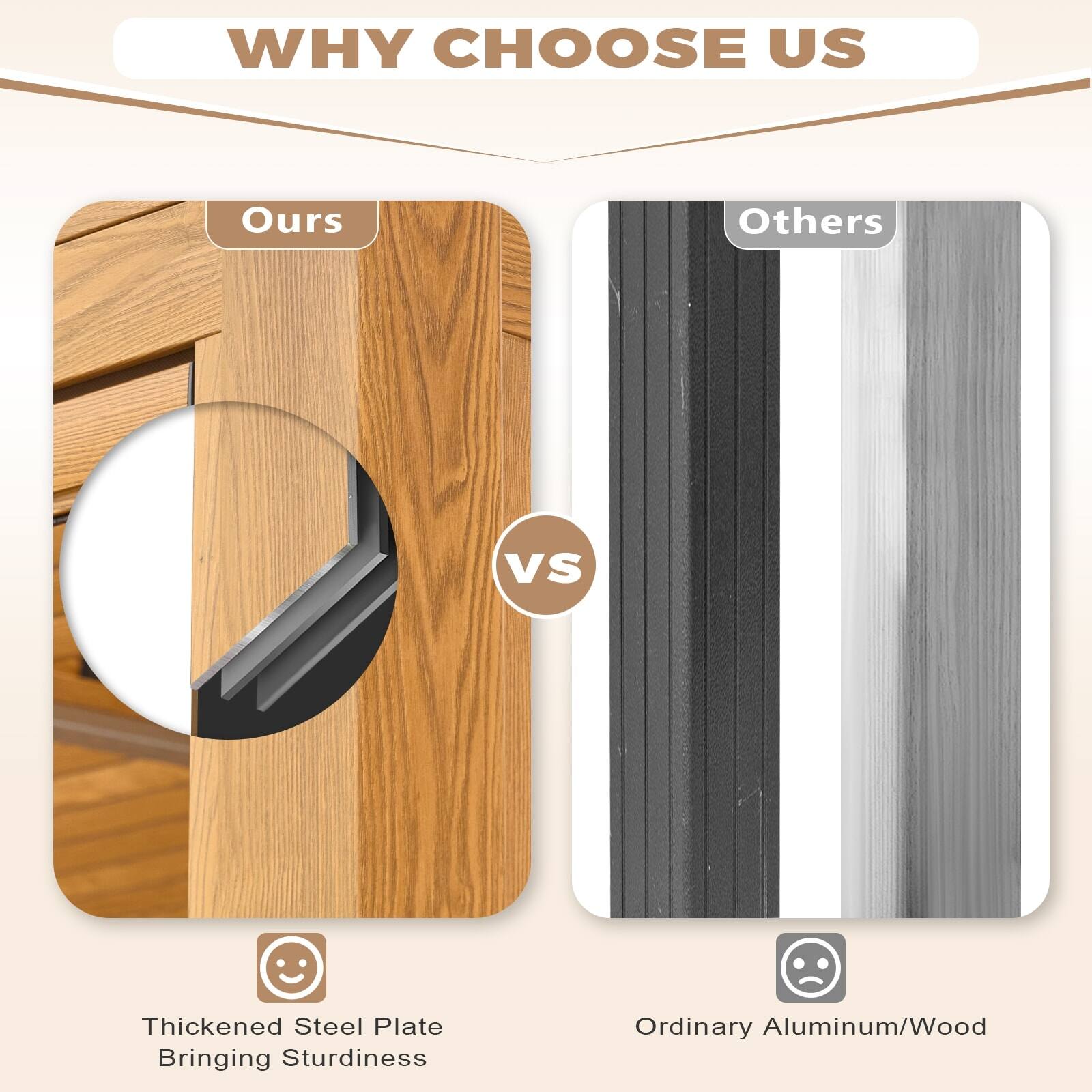WHY CHOOSE US

Ours vs Others

Thickened Steel Plate  
Bringing Sturdiness

Ordinary Aluminum/Wood