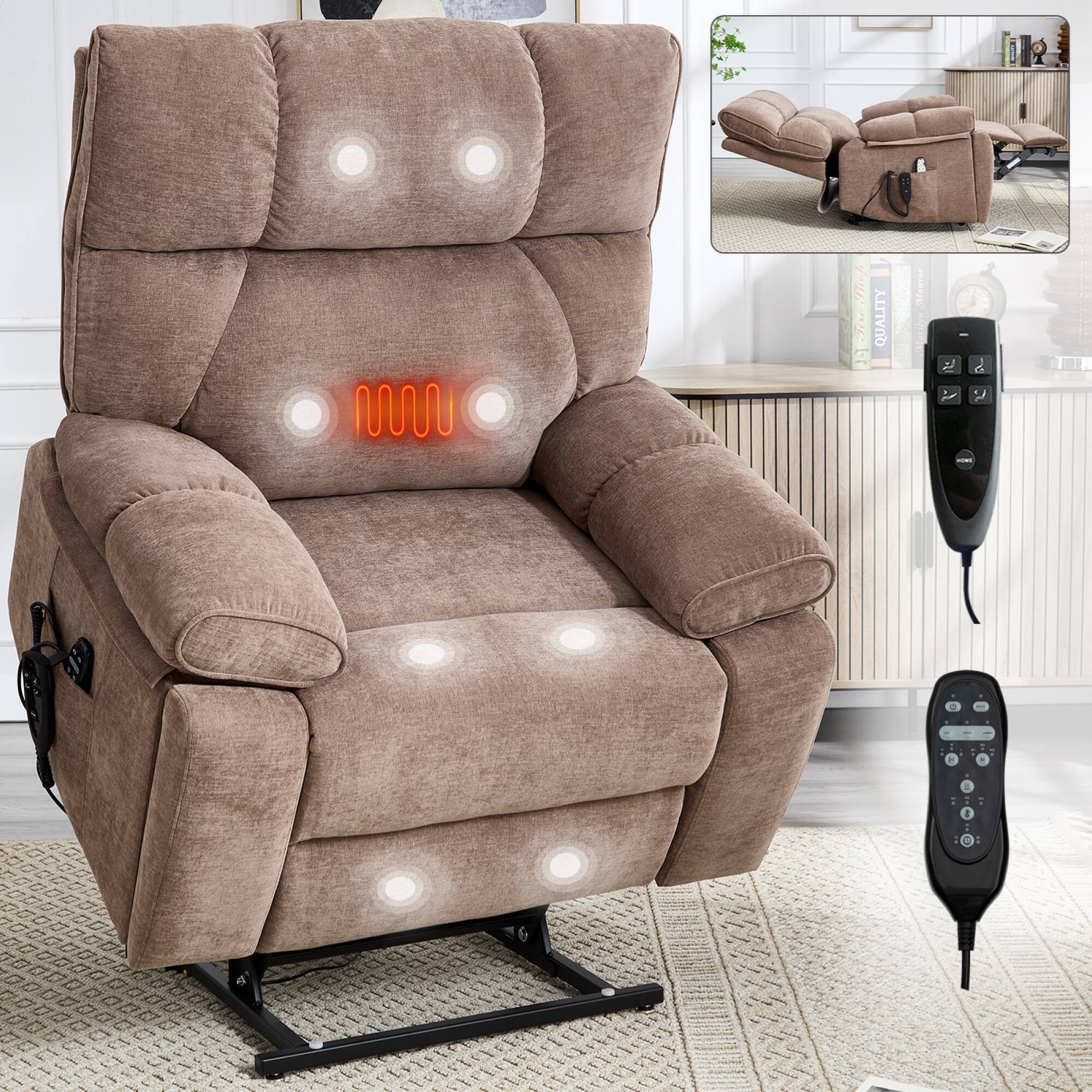 Alt View 7. GOODSILO - Large Dual Motor Electric Power Lift Recliner with Massage and Lumbar Heat Functions for Ultimate Comfort - Brown.