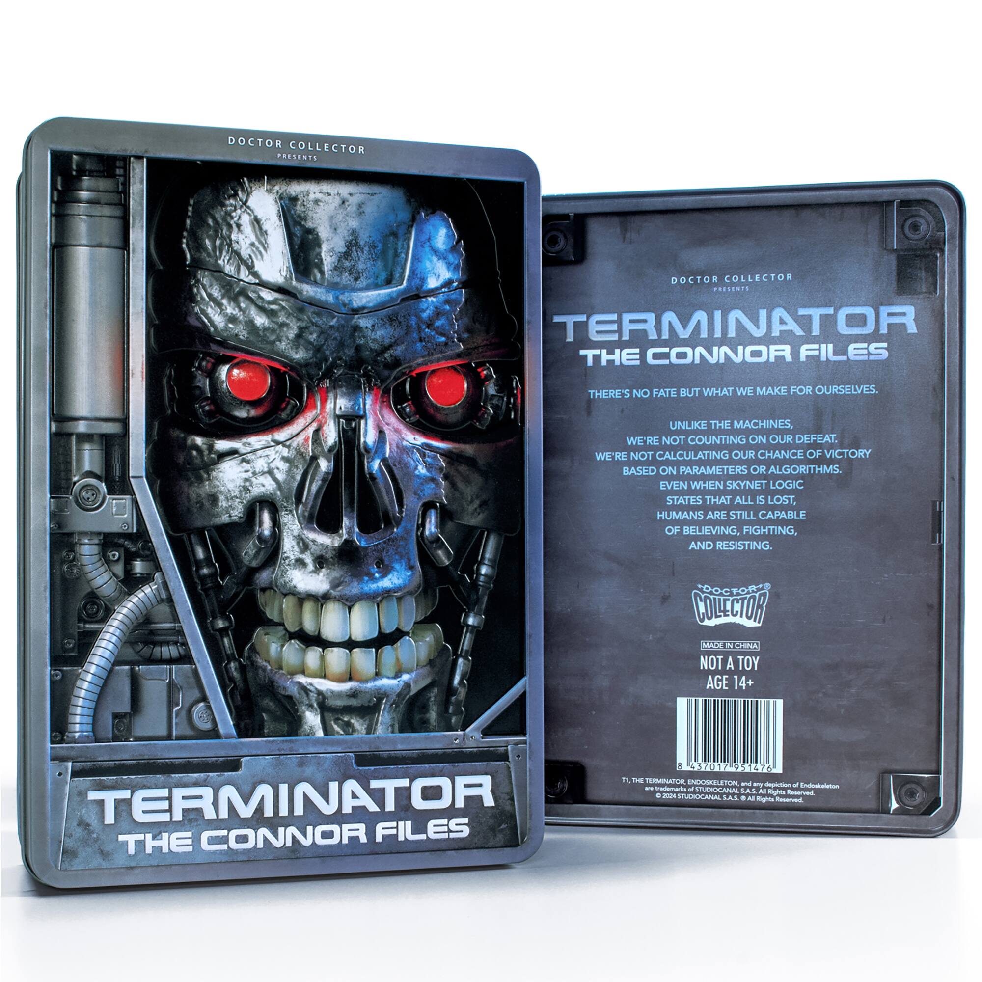 Doctor Collector presents Doctor Collector: Terminator The Connor Files. There's no fate but what we make for ourselves. Unlike the machines, we're not counting on our defeat. We're not calculating our chance of victory based on parameters or algorithms. Even when Skynet logic states that all 5 are lost, humans are still capable of believing, fighting, and resisting. Collector's item, not a toy. Age 14+.