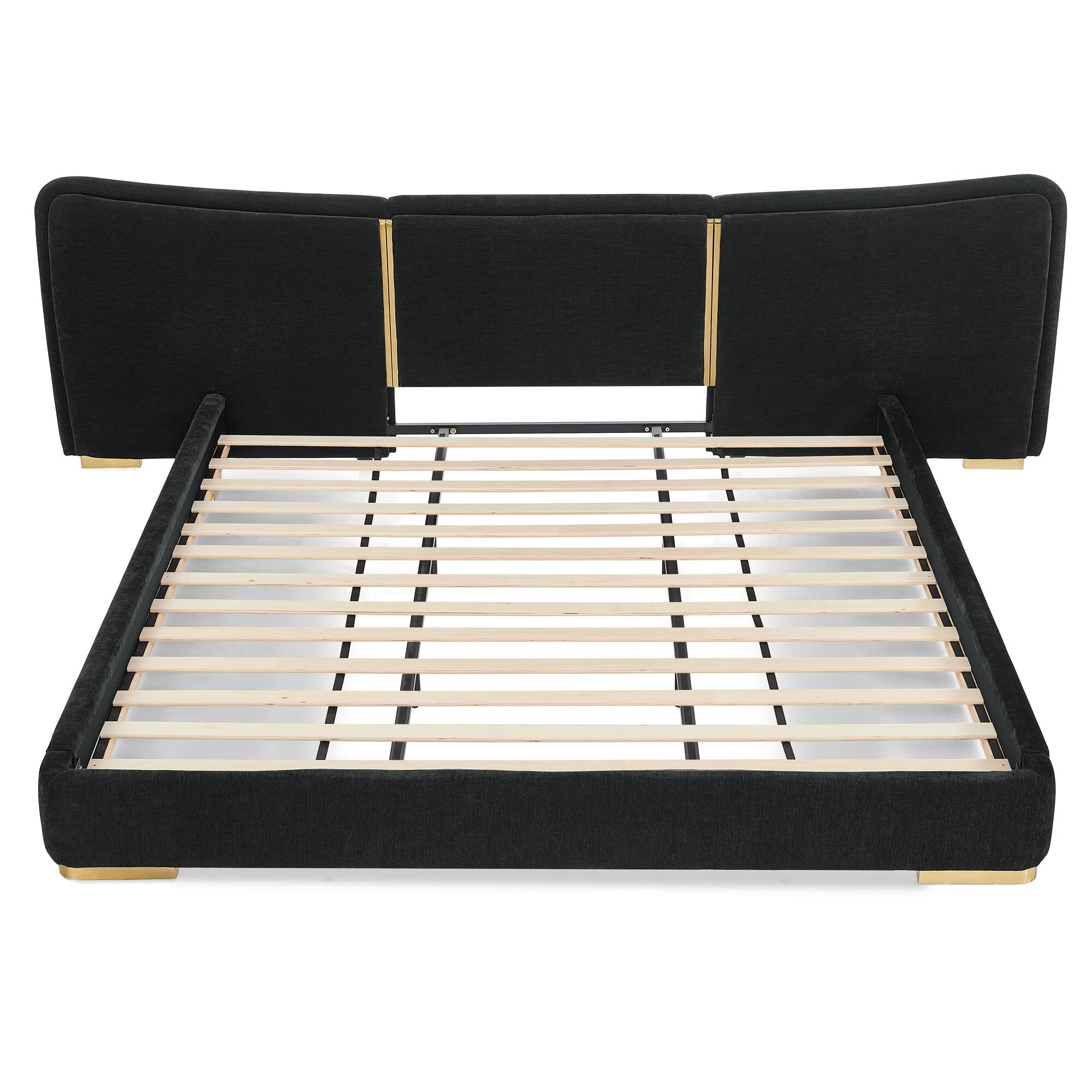 Left. Whisen - Upholstered Platform Bed,Soft Chenille Fabric Frame with Curved Headboard & Metal Legs - Black.