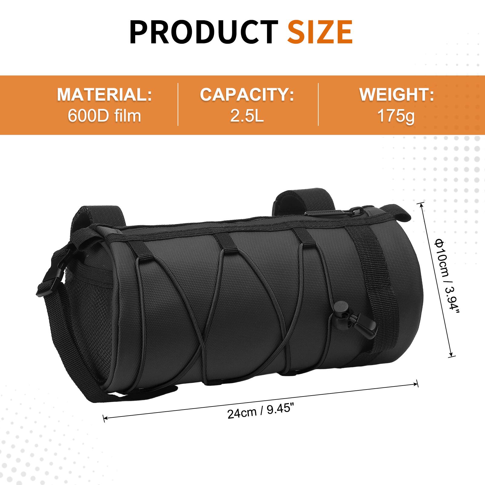 PRODUCT SIZE

MATERIAL: 600D film  
CAPACITY: 2.5L  
WEIGHT: 175g  

10cm / 3.94"  
24cm / 9.45"