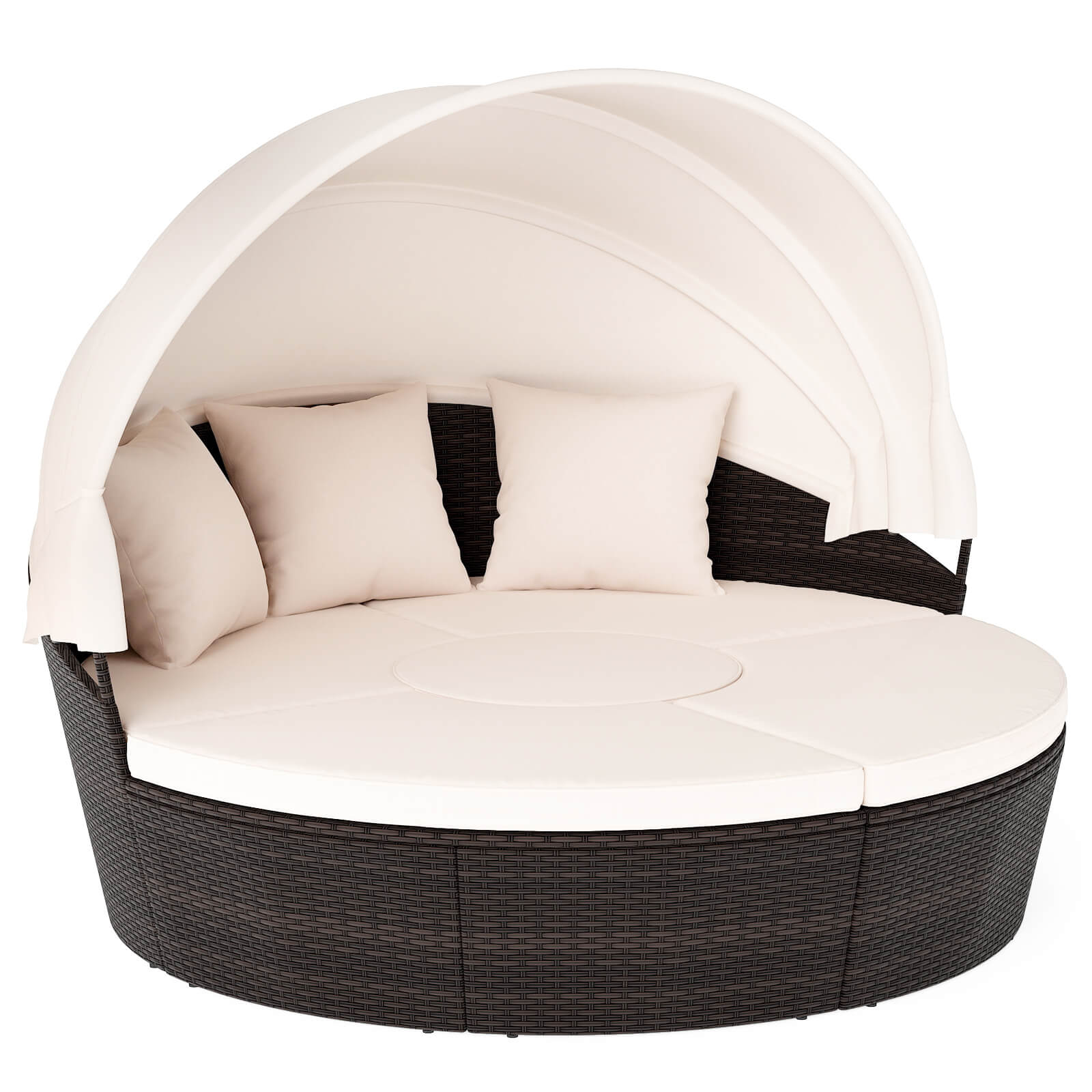 Front. Costway - Costway Patio Round Daybed PE Rattan Cushioned Sectional Seating with Retractable Canopy - White.