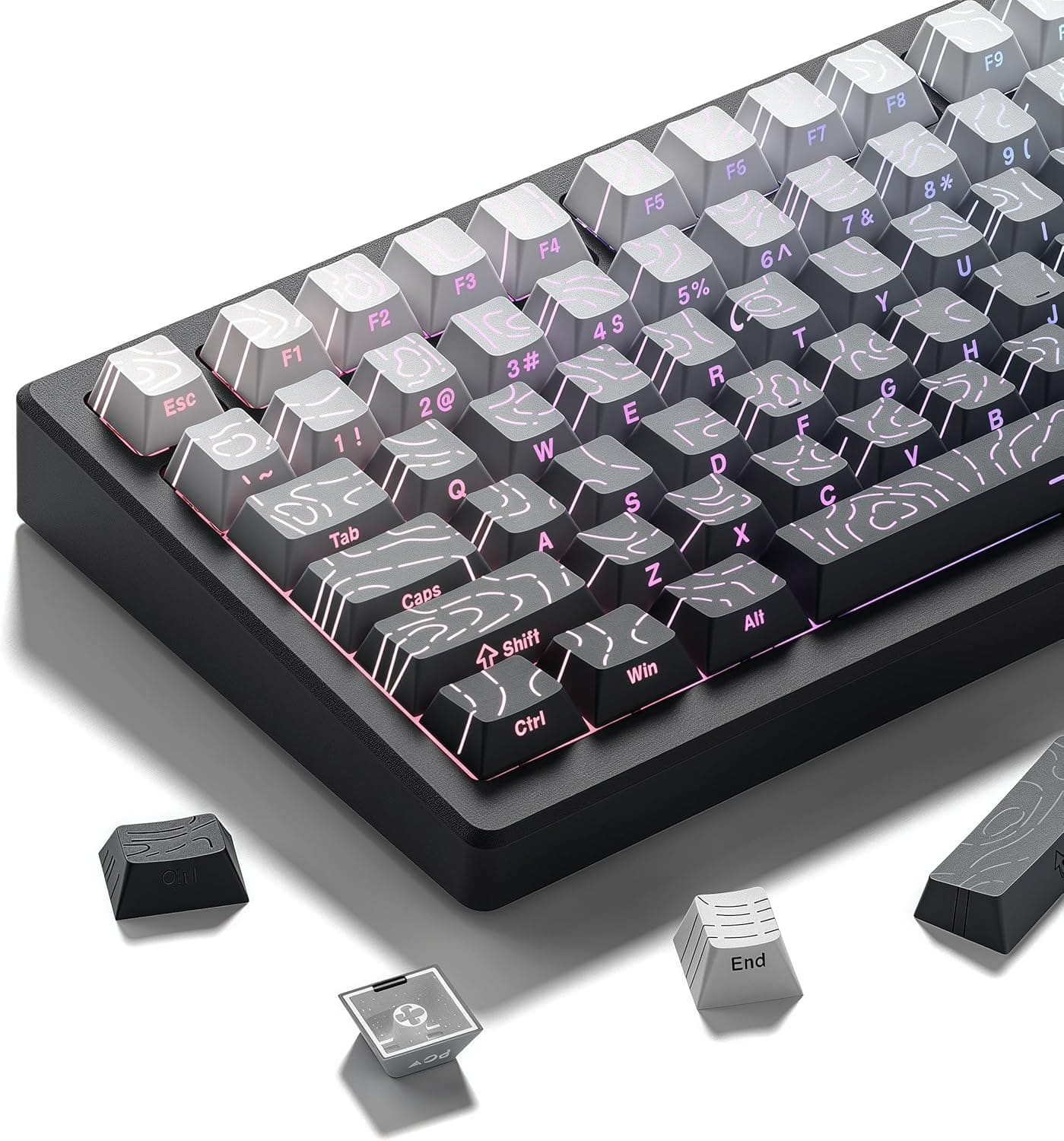 Womier - Double Shot PBT keycaps,Topographic Keys Cherry Profile Key caps for All US Layout Mechanical Keyboardd - Gray